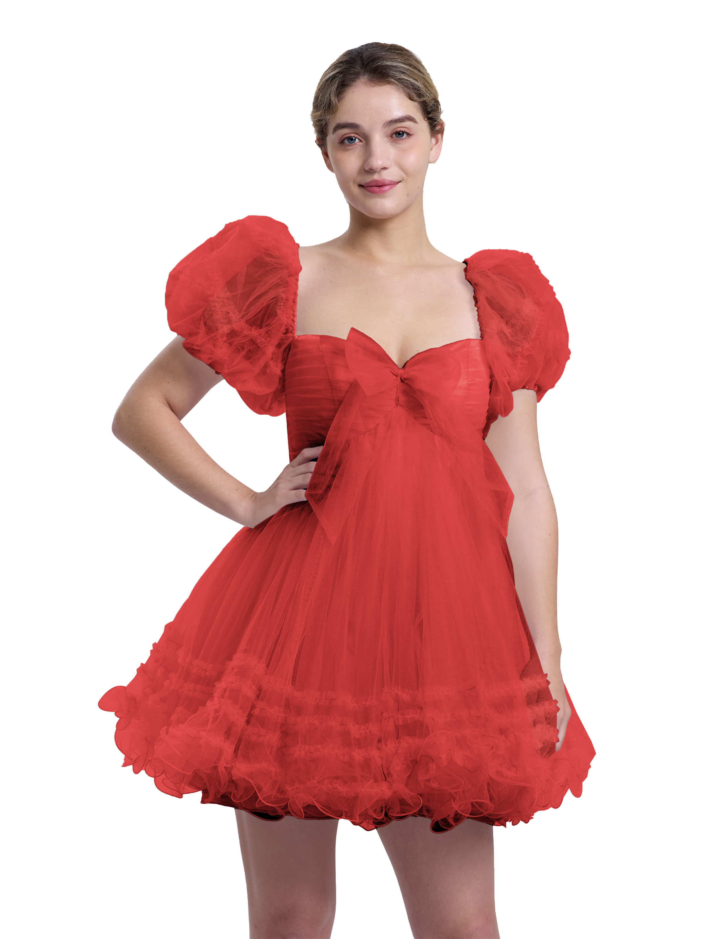 A-line Sweetheart Ruffles Tulle Puffy Sleeves Homecoming Dress #HC2401063