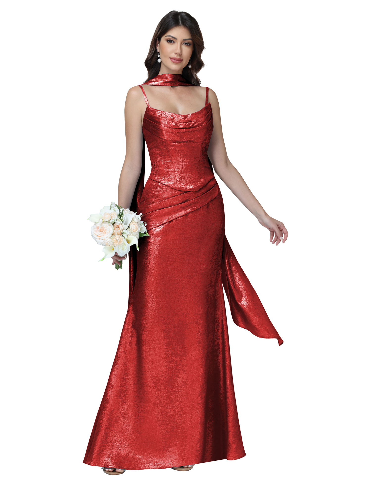 Mermaid Spaghttei Straps Prom Dress 2 Pieces Bridesmaid Dress with Scarf #BM2512054