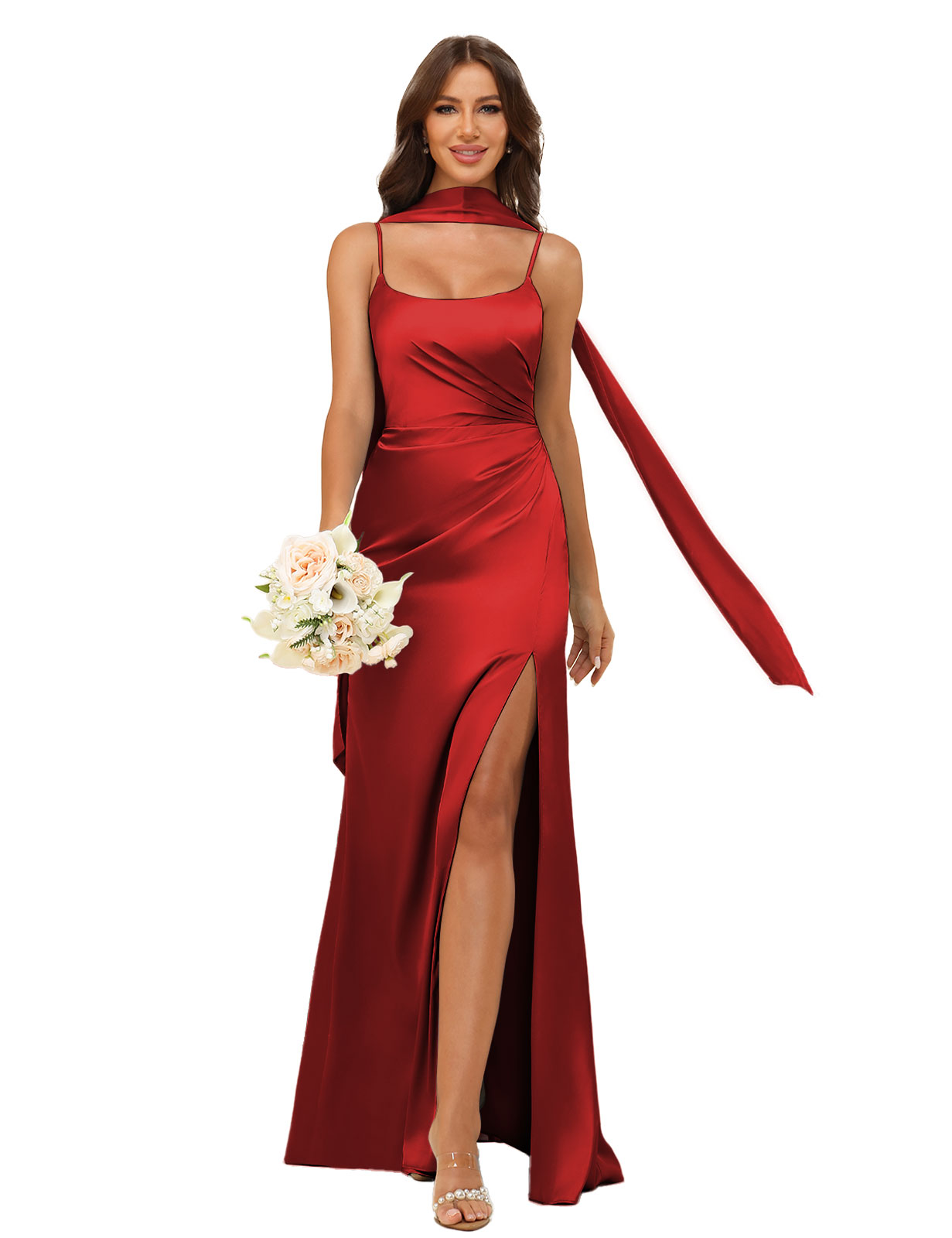Mermaid U-neck Spaghetti Straps Satin Silt Bridesmaid Dress #BM2507145