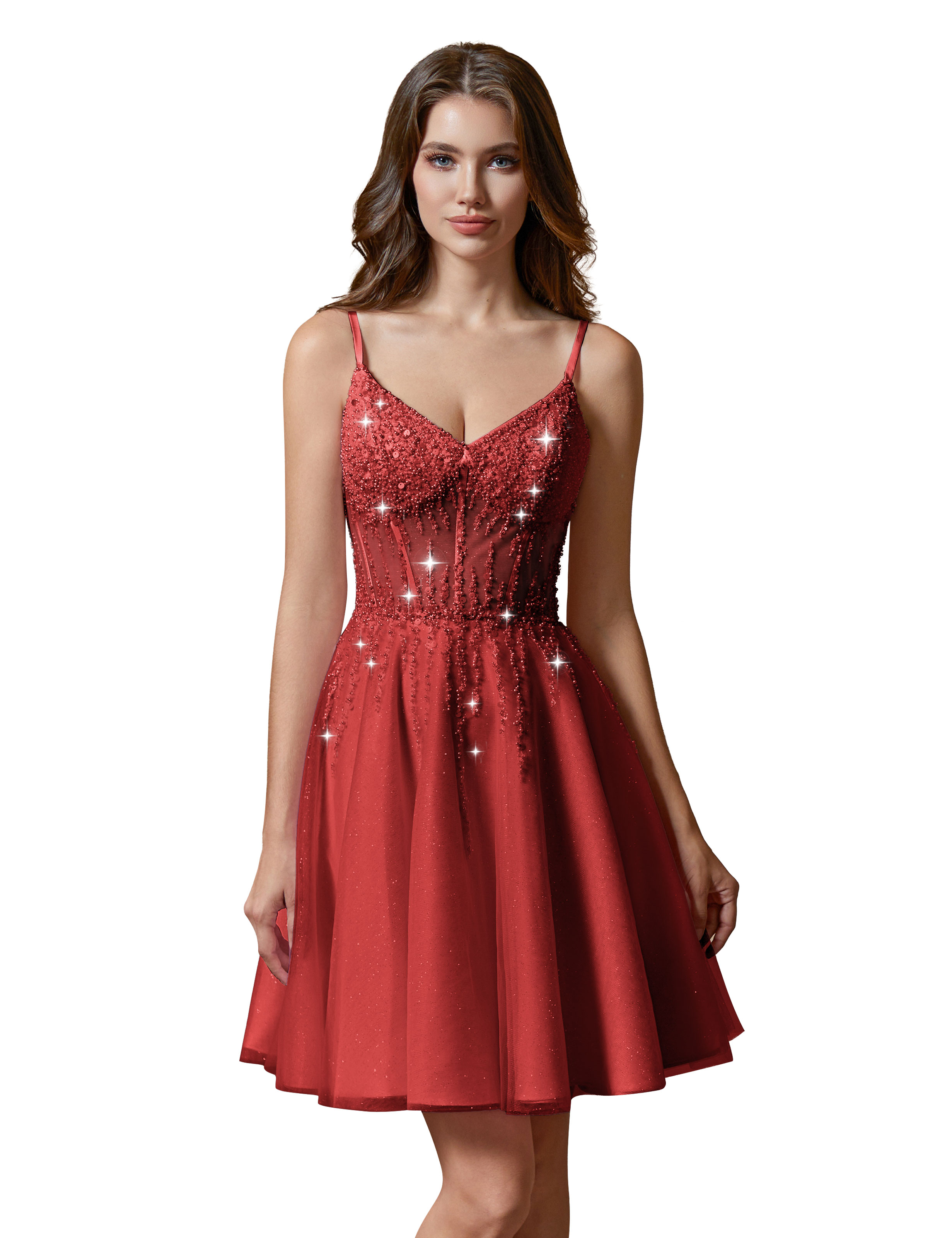 A-line V-Neck Sparkly Tulle Lace Appliques Homecoming Dress #HC2401738