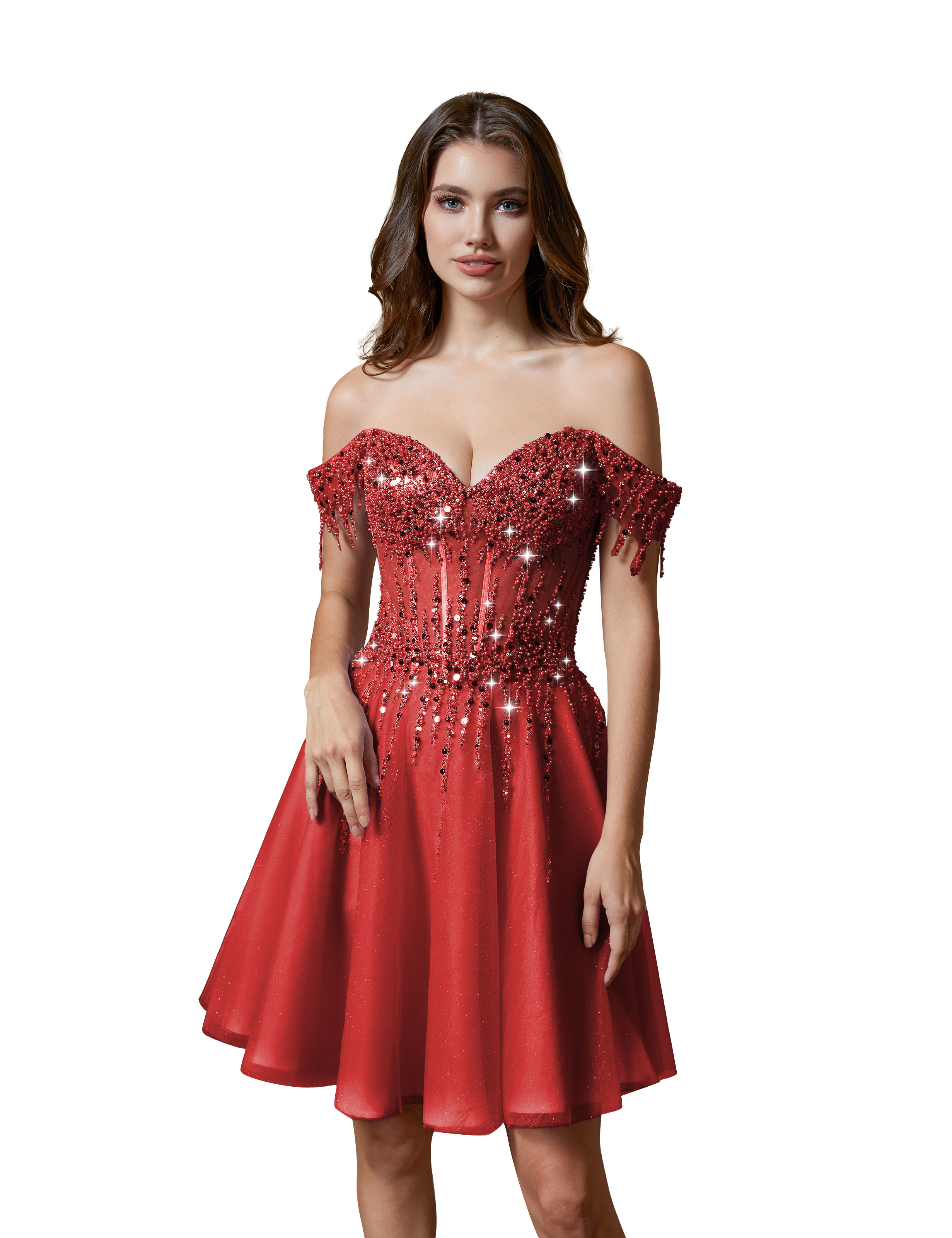 A-line Off Shoulder Lace Appliques Sparkly Sequin Tulle Homecoming Dress #HC2401169
