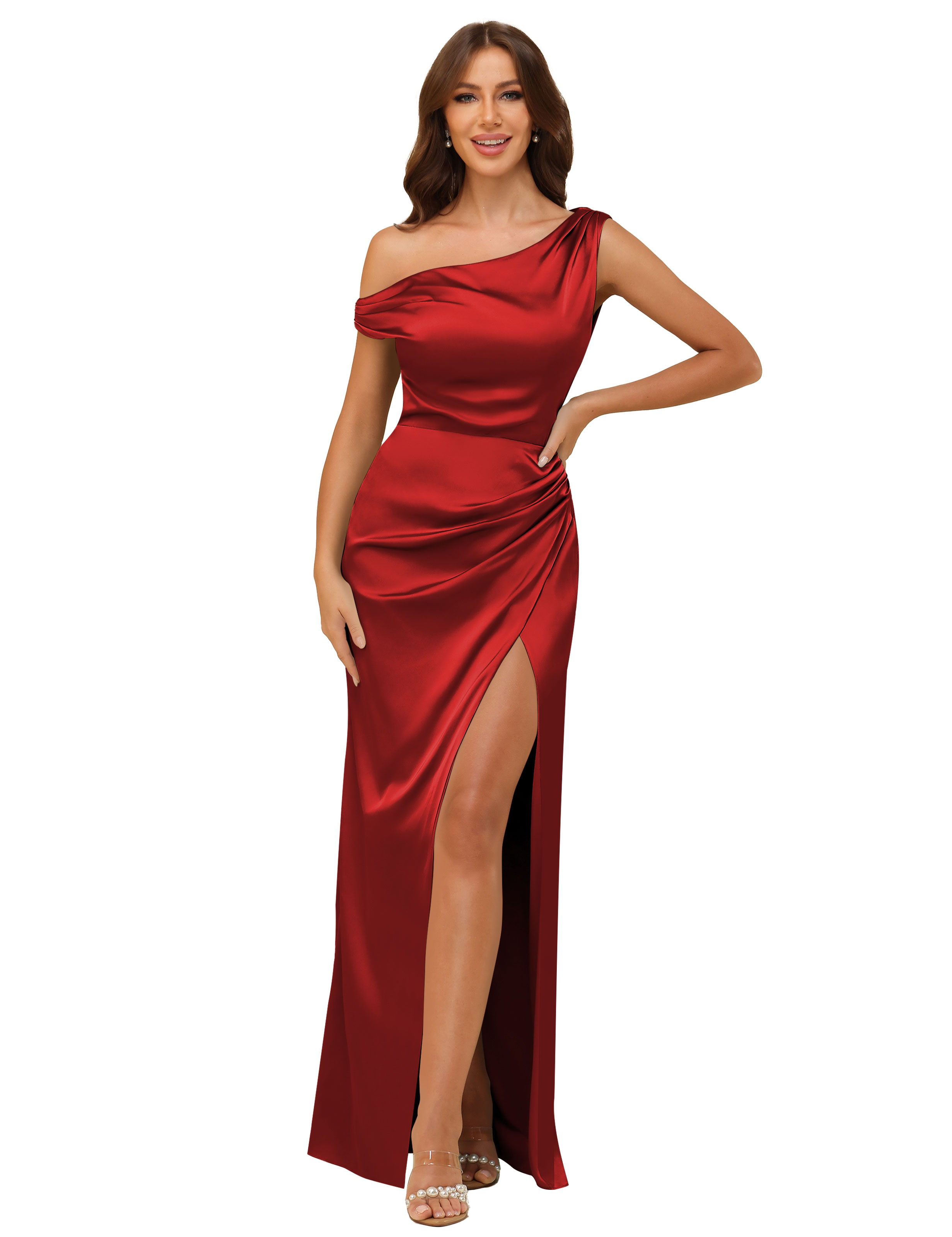 Sheath One Shoulder Satin Silt Side Zip Bridesmaid Dress #BM2507059