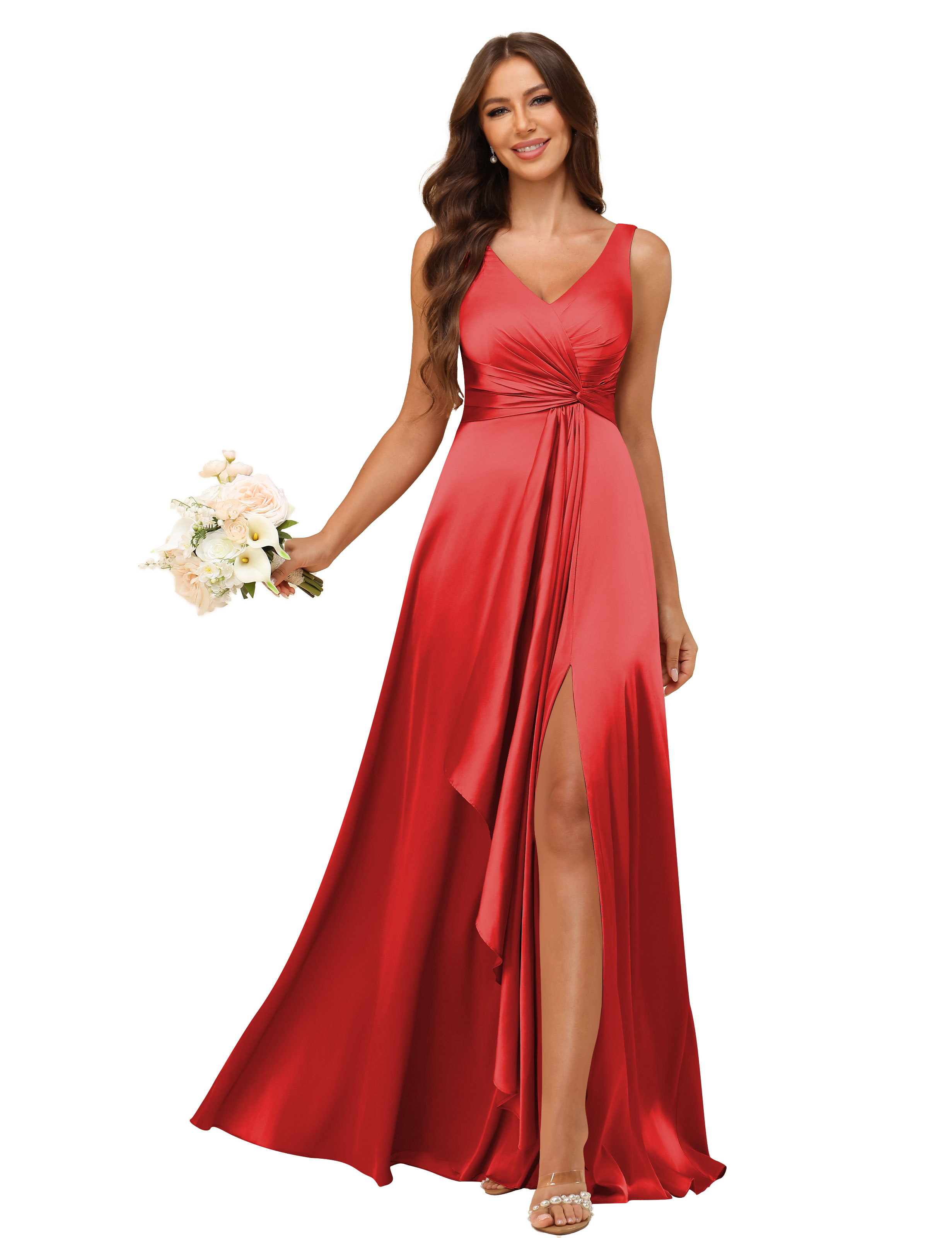 A-line V-neck Straps Satin Silt Lace Up Bridesmaid Dress #BM2507147