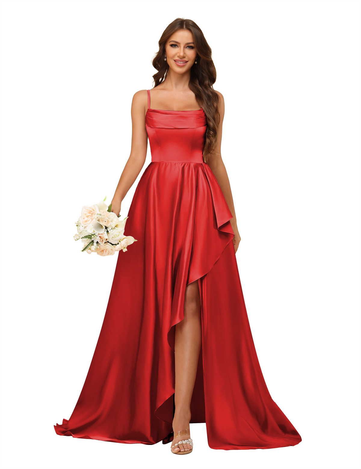 A-line U-neck Spaghetti Straps Satin Silt Bridesmaid Dress #BM2507213