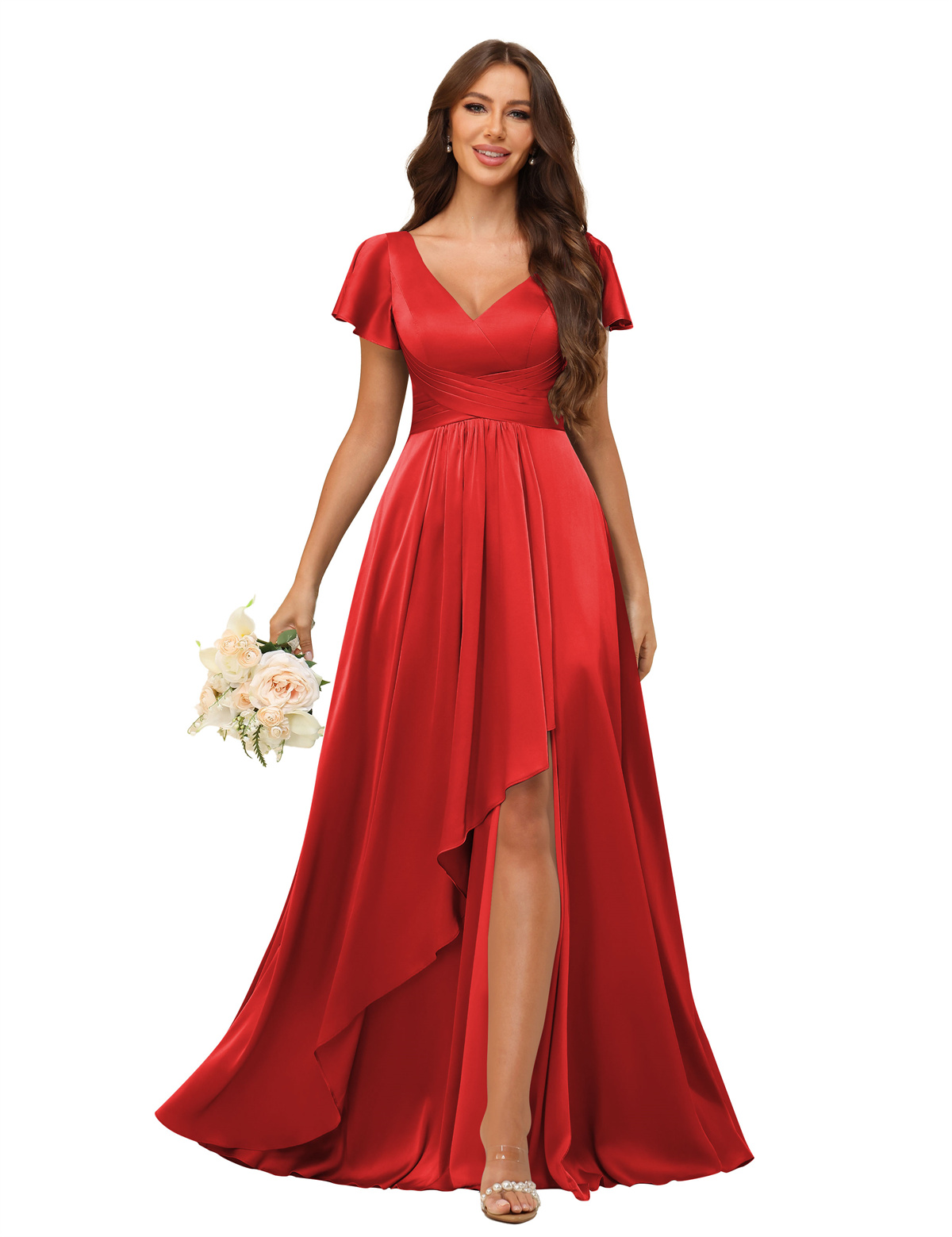 A-line V-neck Short Sleeves Satin Silt Bridesmaid Dress #BM2508022