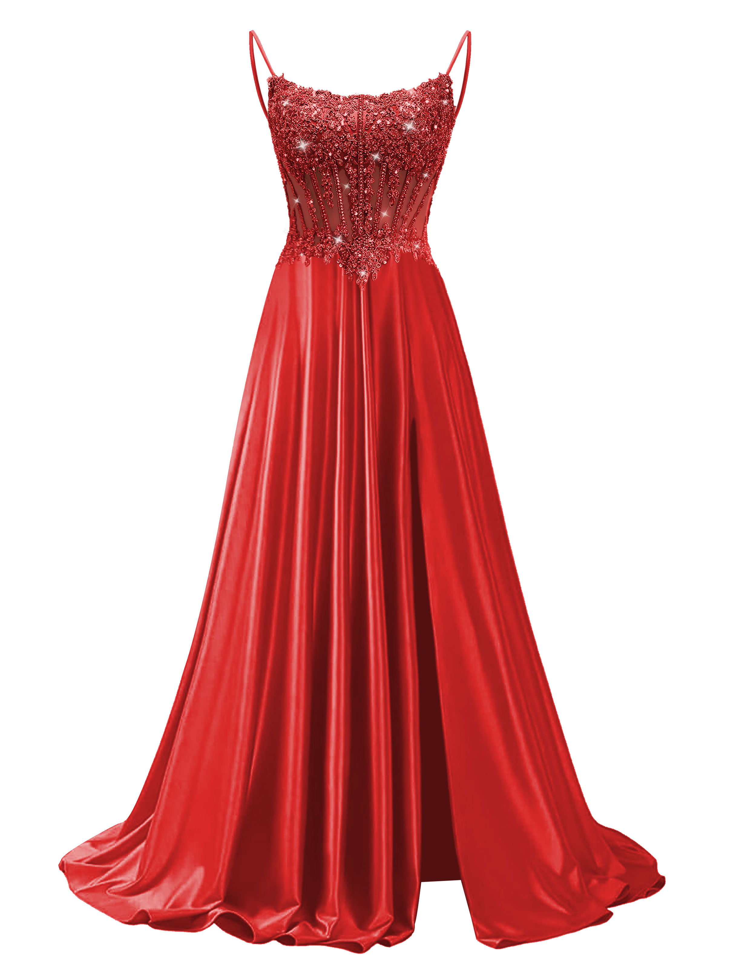 Mermaid Spaghetti Straps Satin Beaded Sequin Pleated Slit Prom Dress #PR2510011