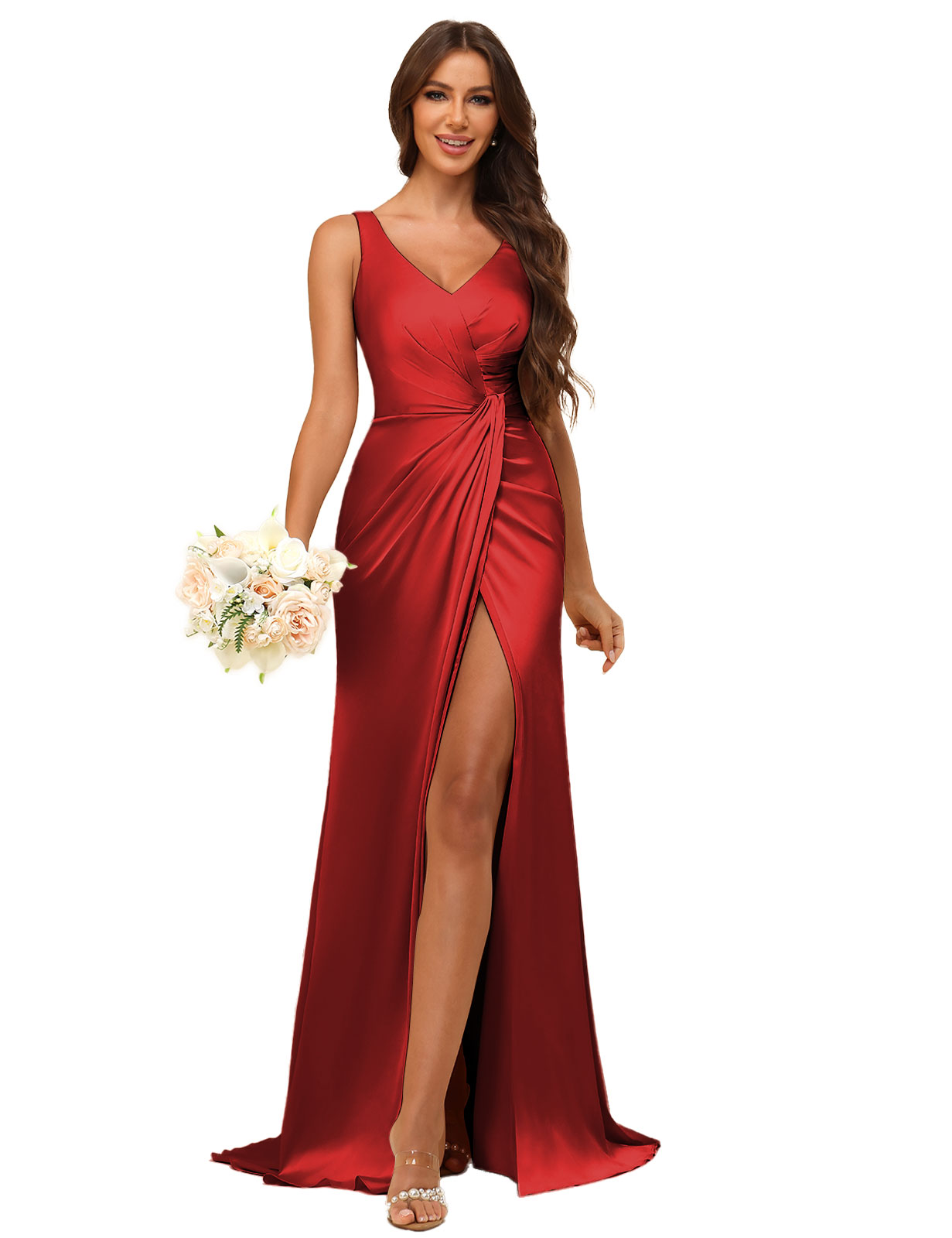 Mermaid V-neck Straps Satin Silt Bridesmaid Dress #BM2507144