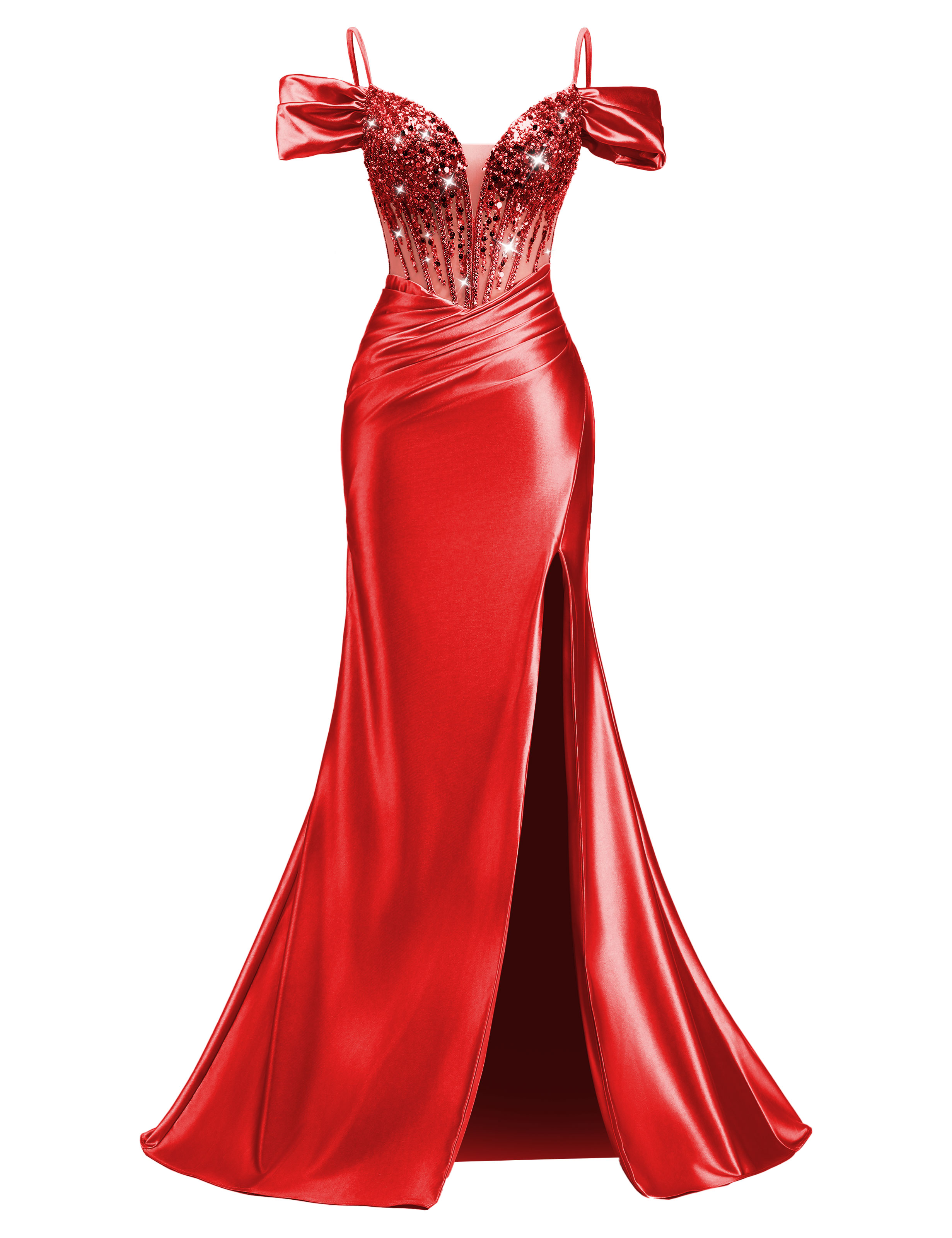 Mermaid V-neck Off Shoulder Beaded Sequin Satin Slit Prom Dress #PR2510014