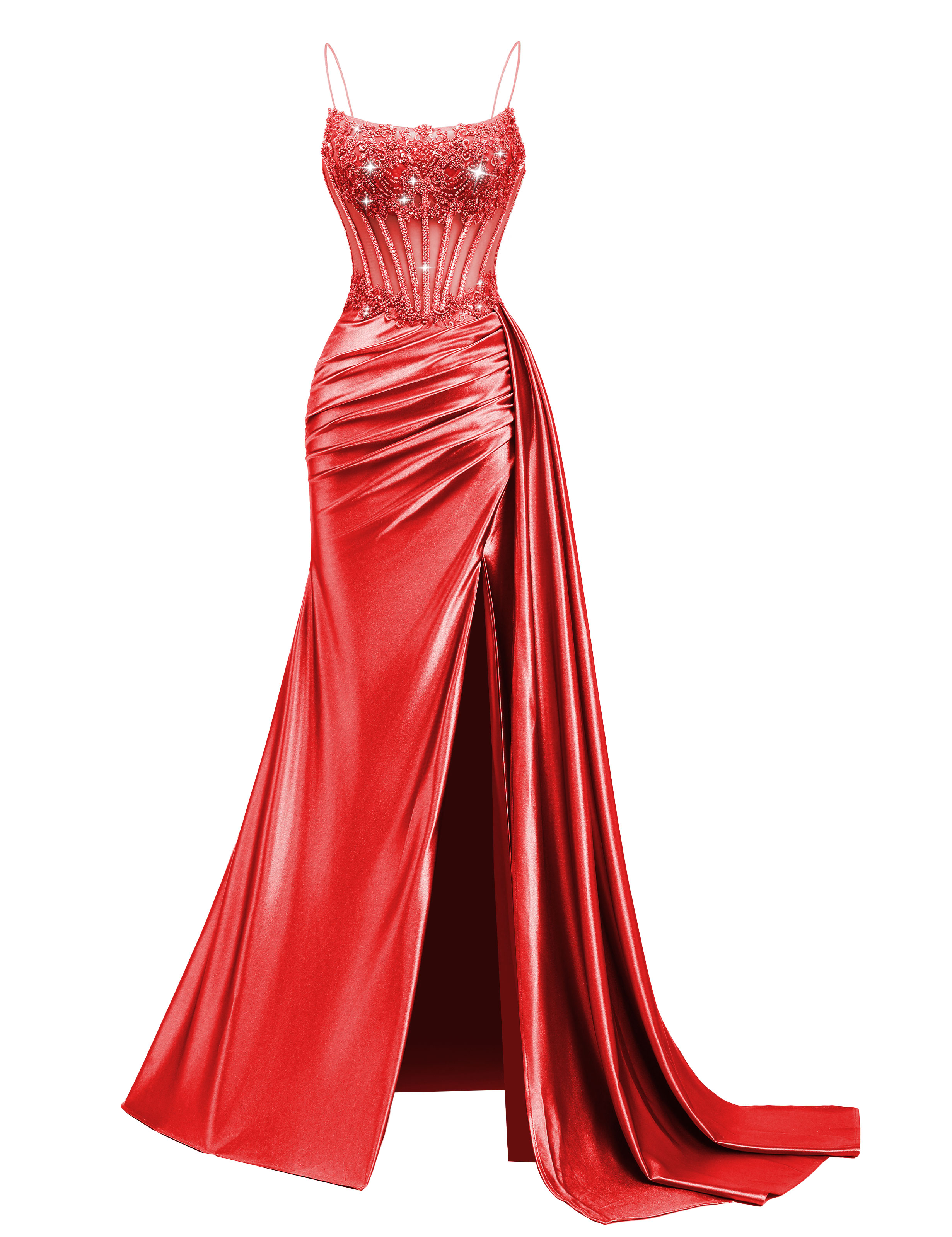 Mermaid Spaghetti Straps Pleated Satin Beaded Slit Prom Dress #PR2510011