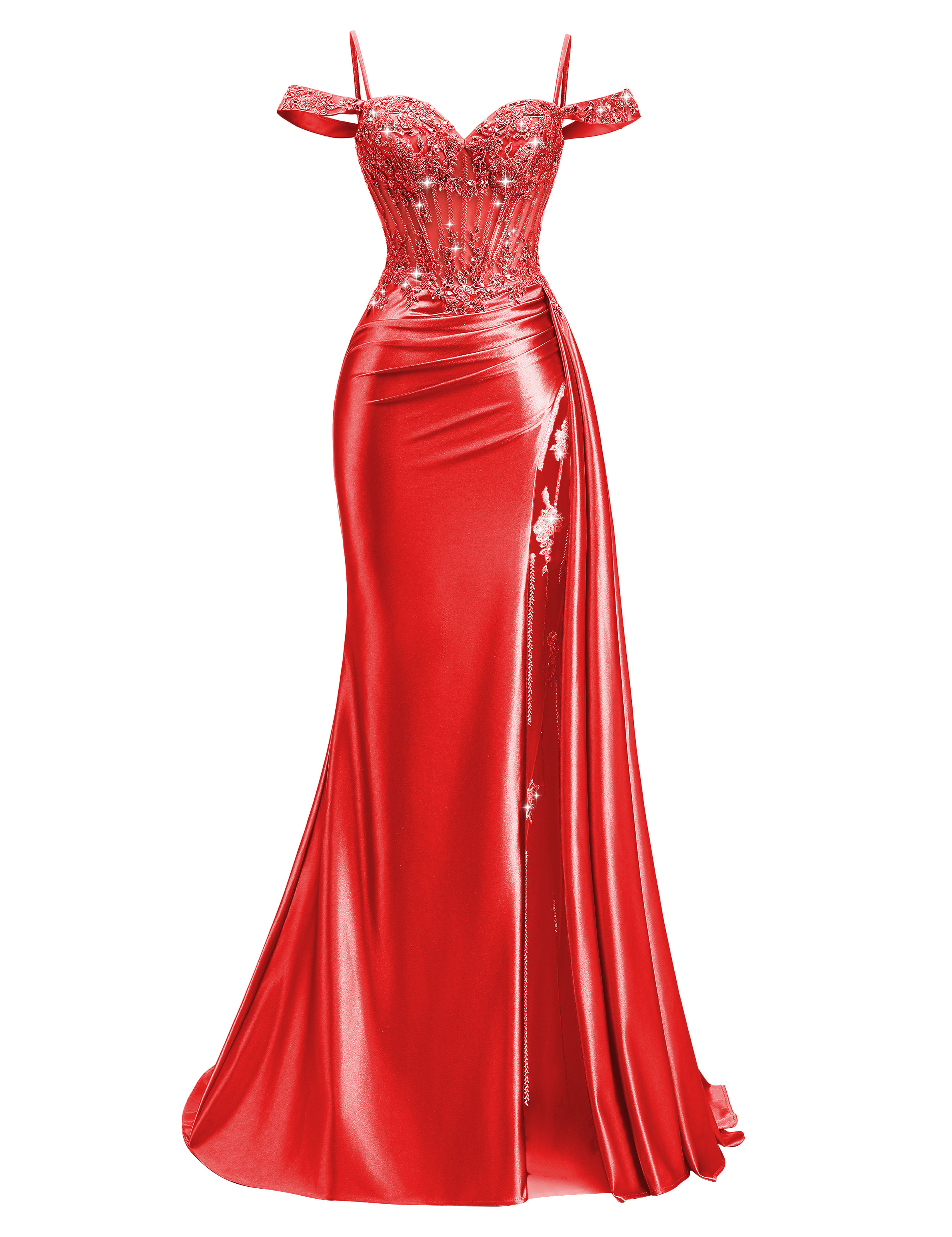 Mermaid Off Shoulder Beaded Sequin Appliques Satin Slit Prom Dress #PR2510009