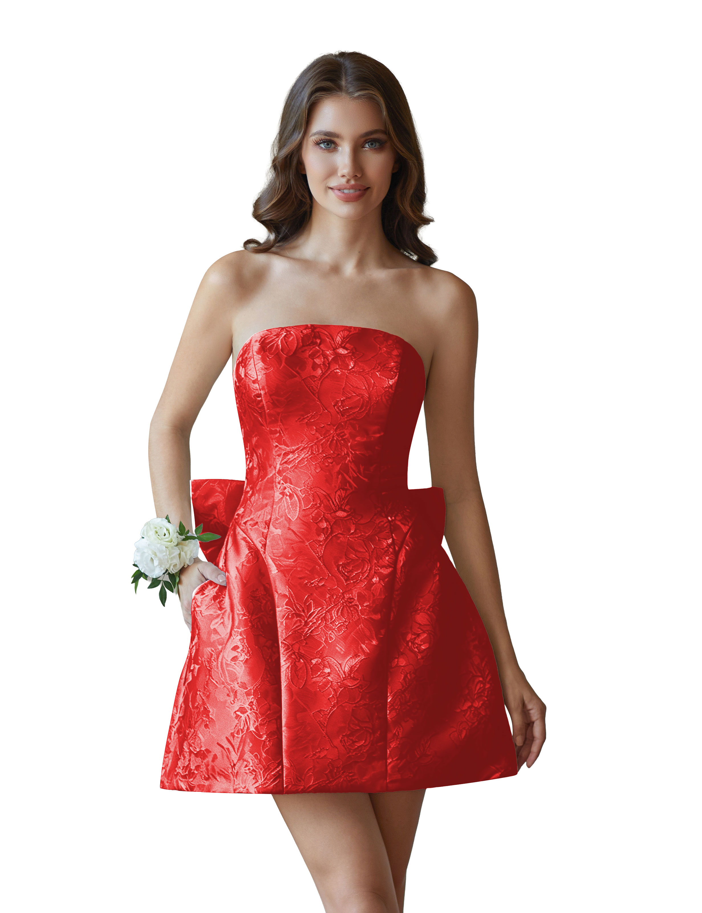 Jacquard Satin Mini Short Party Cocktail Prom Homecoming Dress with Bow Back #HC2401770