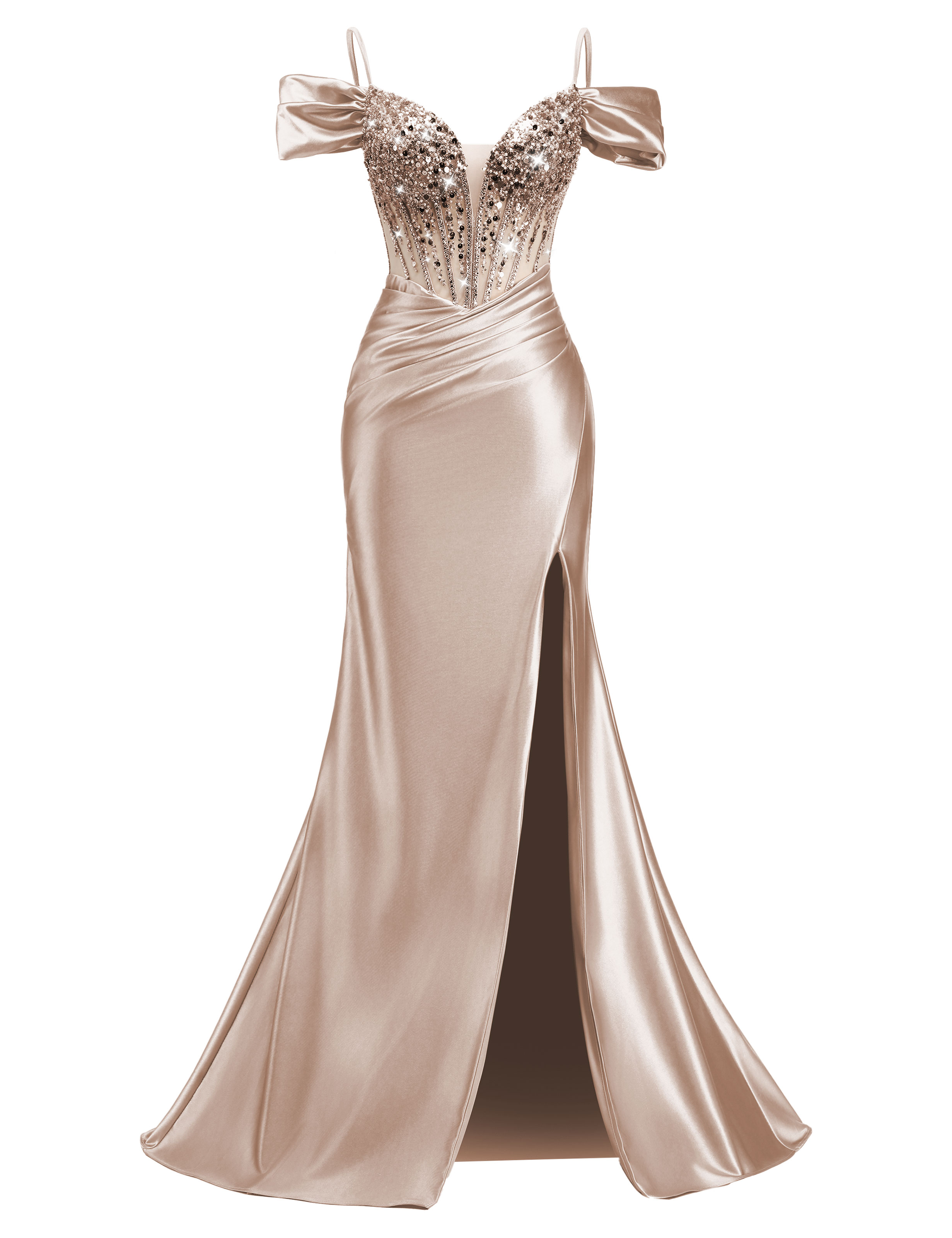 Mermaid V-neck Off Shoulder Beaded Sequin Satin Slit Prom Dress #PR2510014