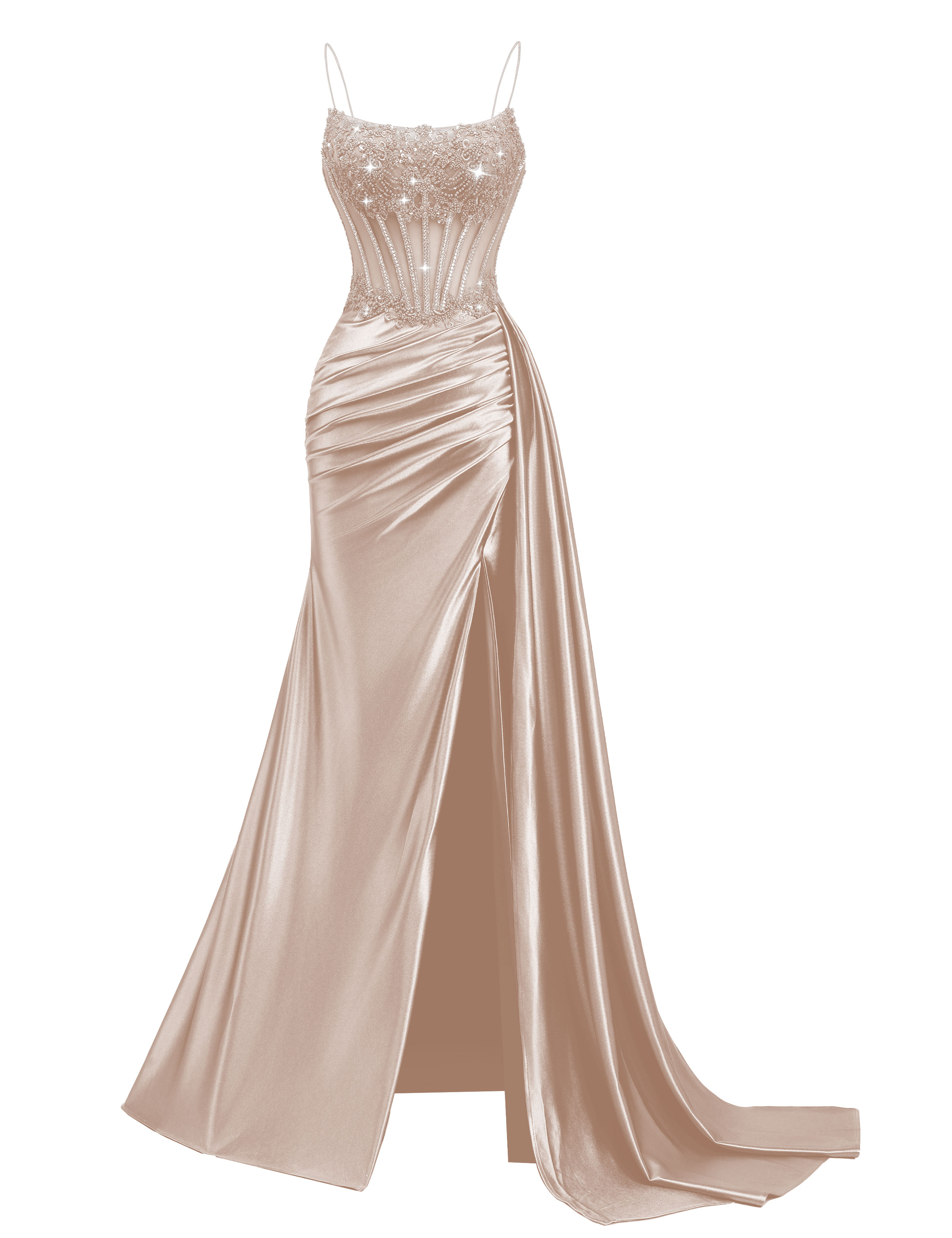 Mermaid Spaghetti Straps Pleated Satin Beaded Slit Prom Dress #PR2510011
