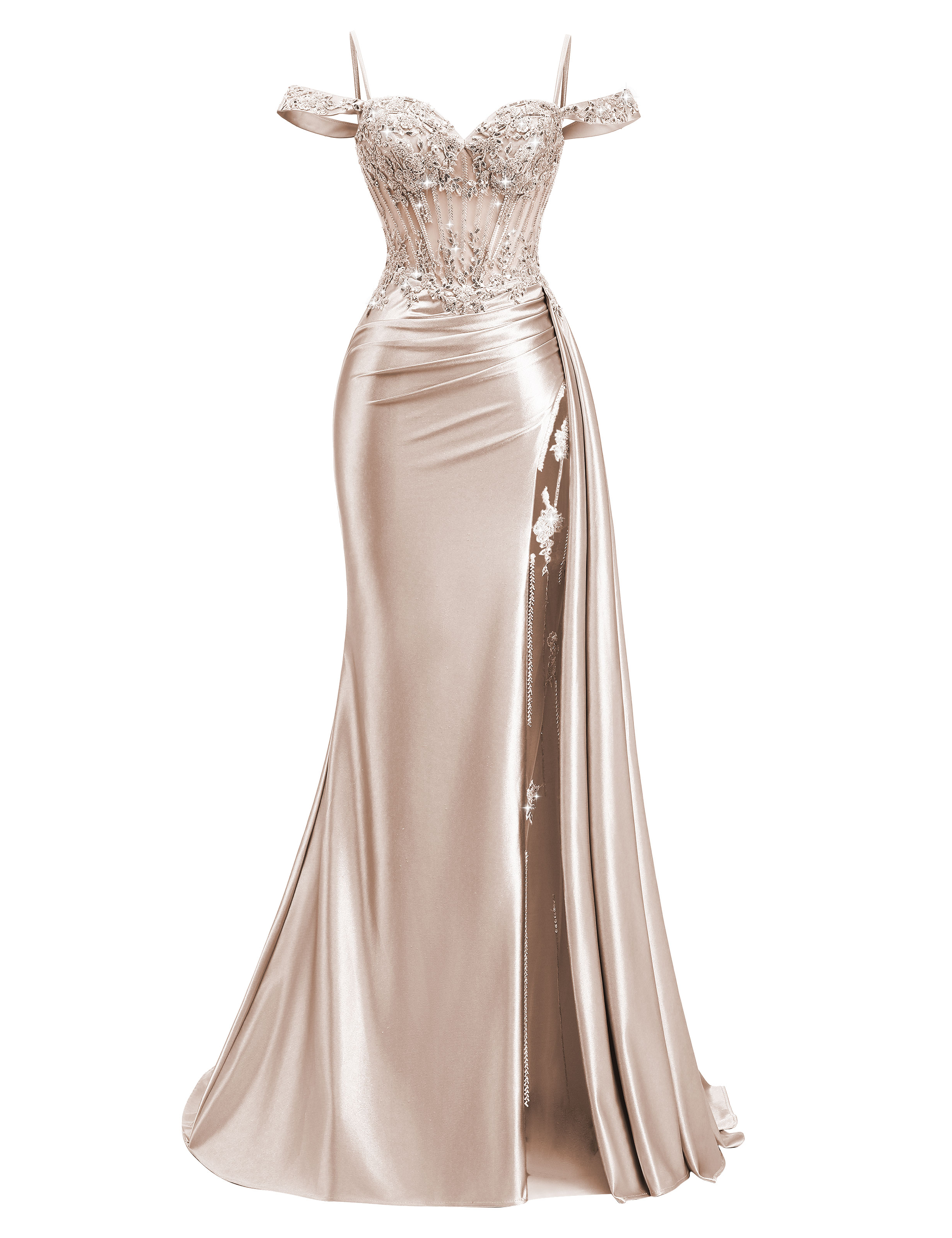 Mermaid Off Shoulder Beaded Sequin Appliques Satin Slit Prom Dress #PR2510009