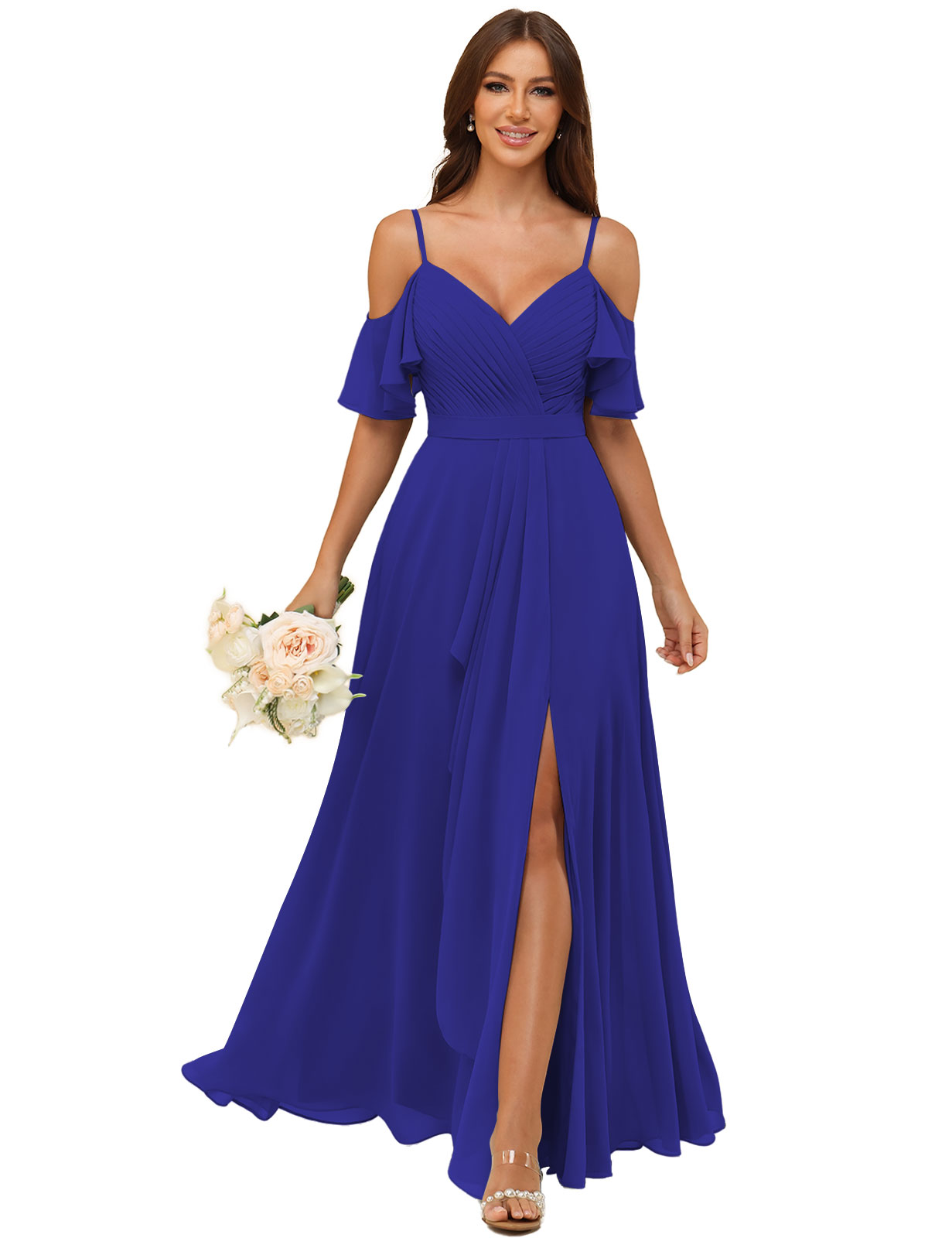 A-line V-neck Spaghetti Straps Chiffon Silt Bridesmaid Dress #BM2507214