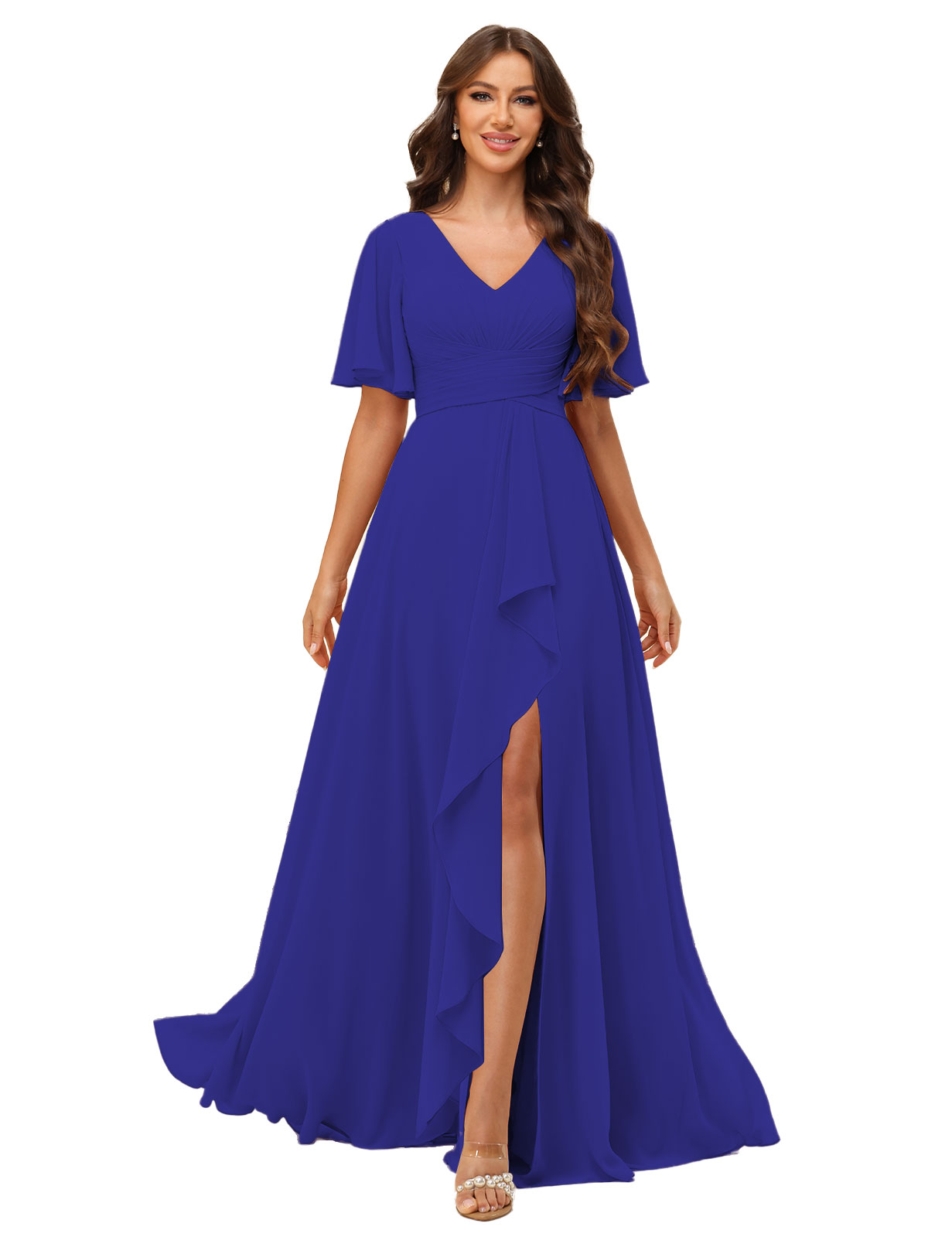 A-line V-neck Short Sleeves Chiffon Silt Bridesmaid Dress #BM2507137