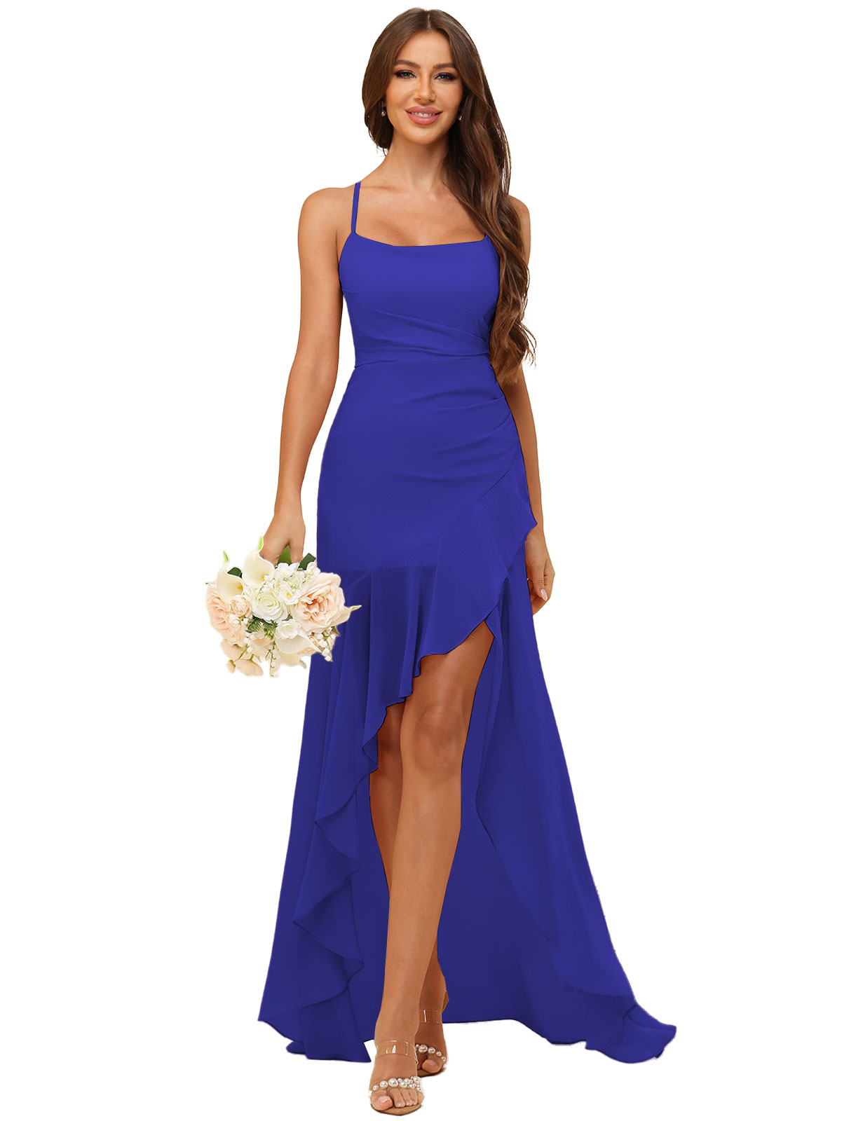 A-line Strapless Chiffon High Low Ruffles Bridesmaid Dress #BM2507148