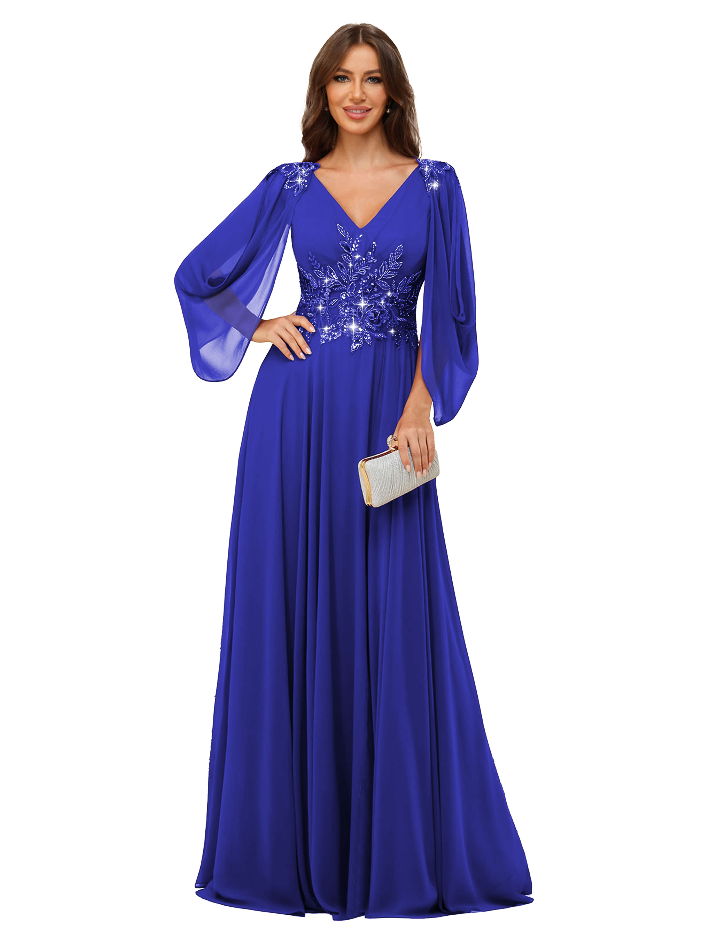 A-line V-neck Chiffon V-back Long Sleeves Mother of The Bride Dress #BM2501034
