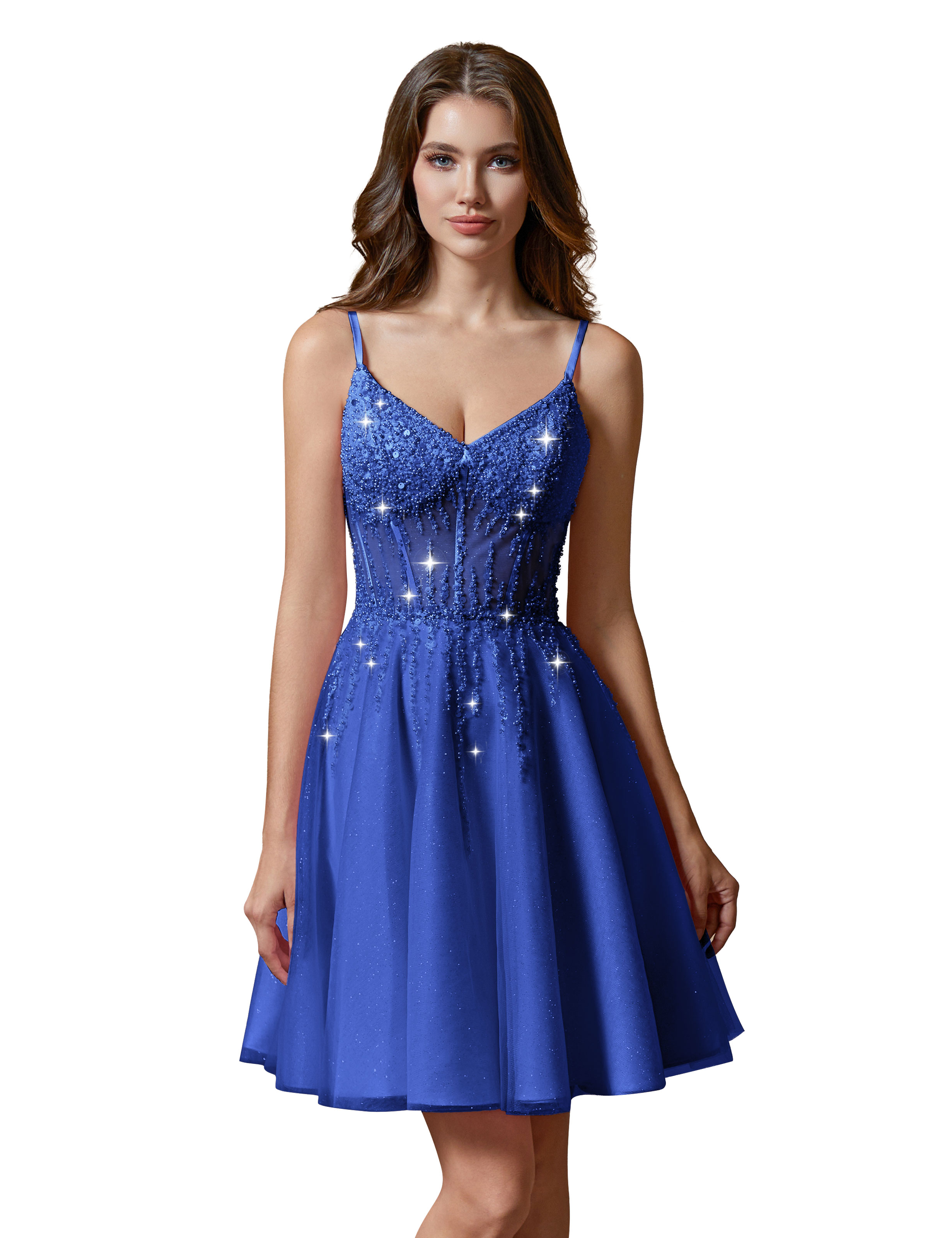 A-line V-Neck Sparkly Tulle Lace Appliques Homecoming Dress #HC2401738