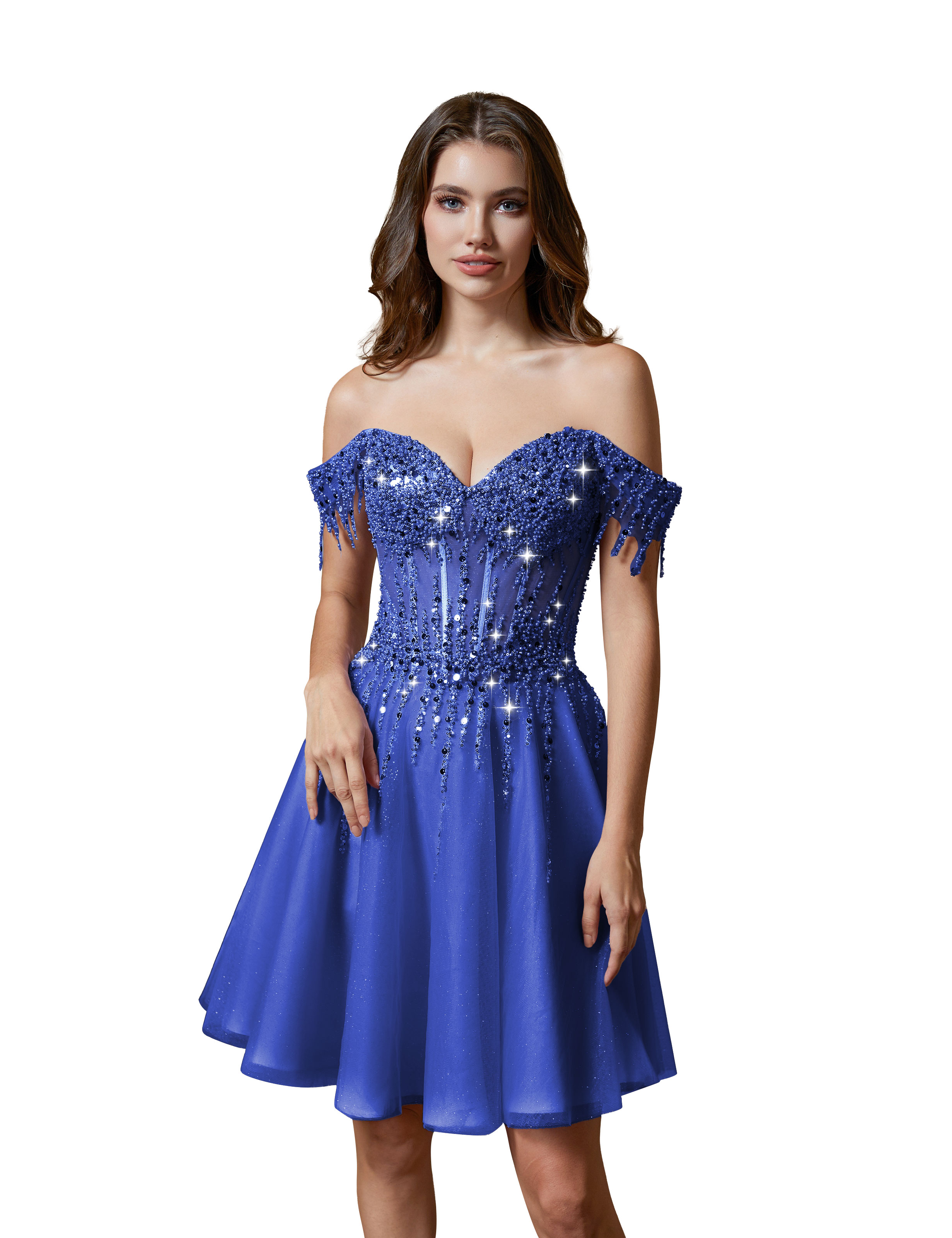 A-line Off Shoulder Lace Appliques Sparkly Sequin Tulle Homecoming Dress #HC2401169