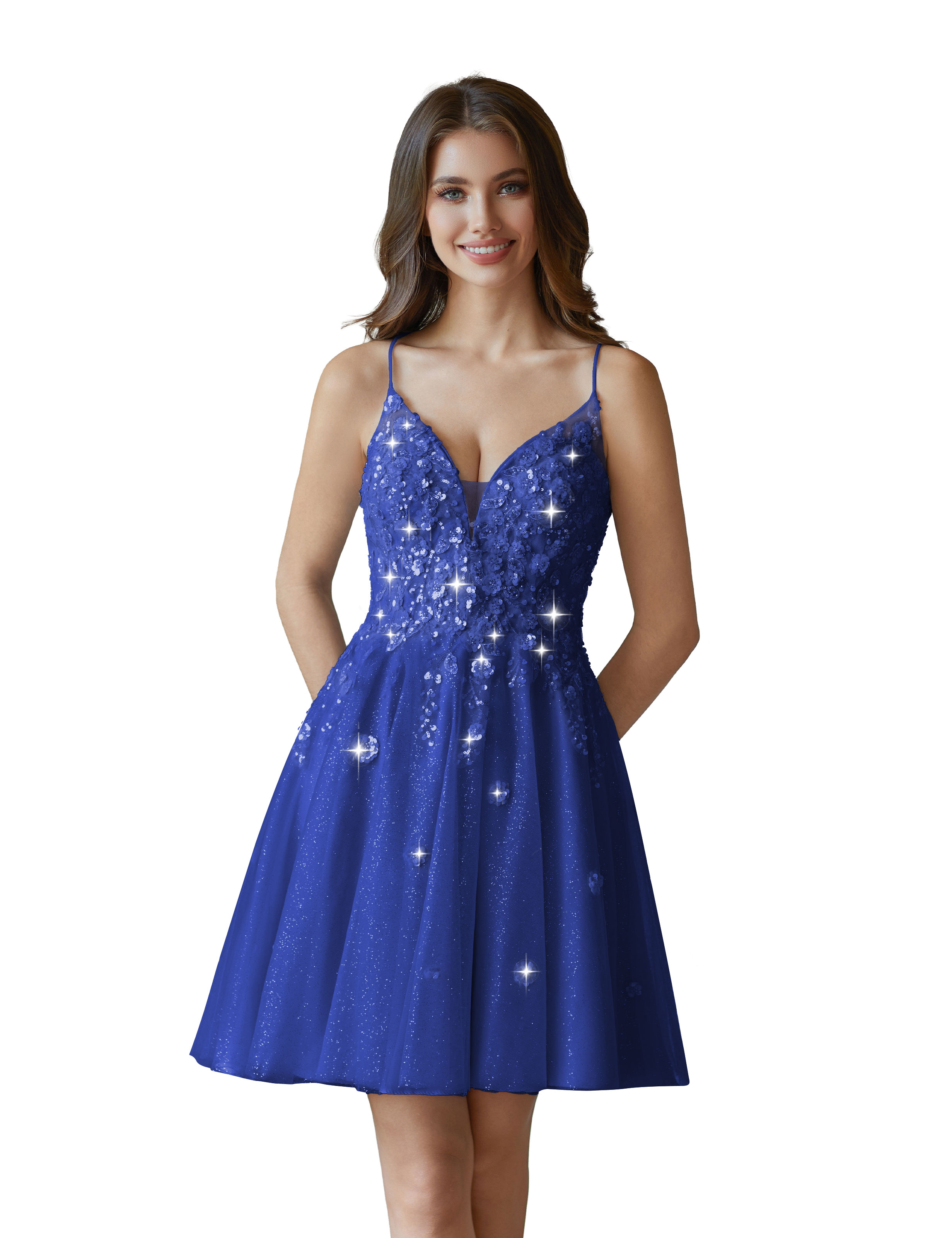 V-Neck Sspaghetti Strap Sparkly Lace Sequin Short Tulle Homecoming Dress #HC2604021