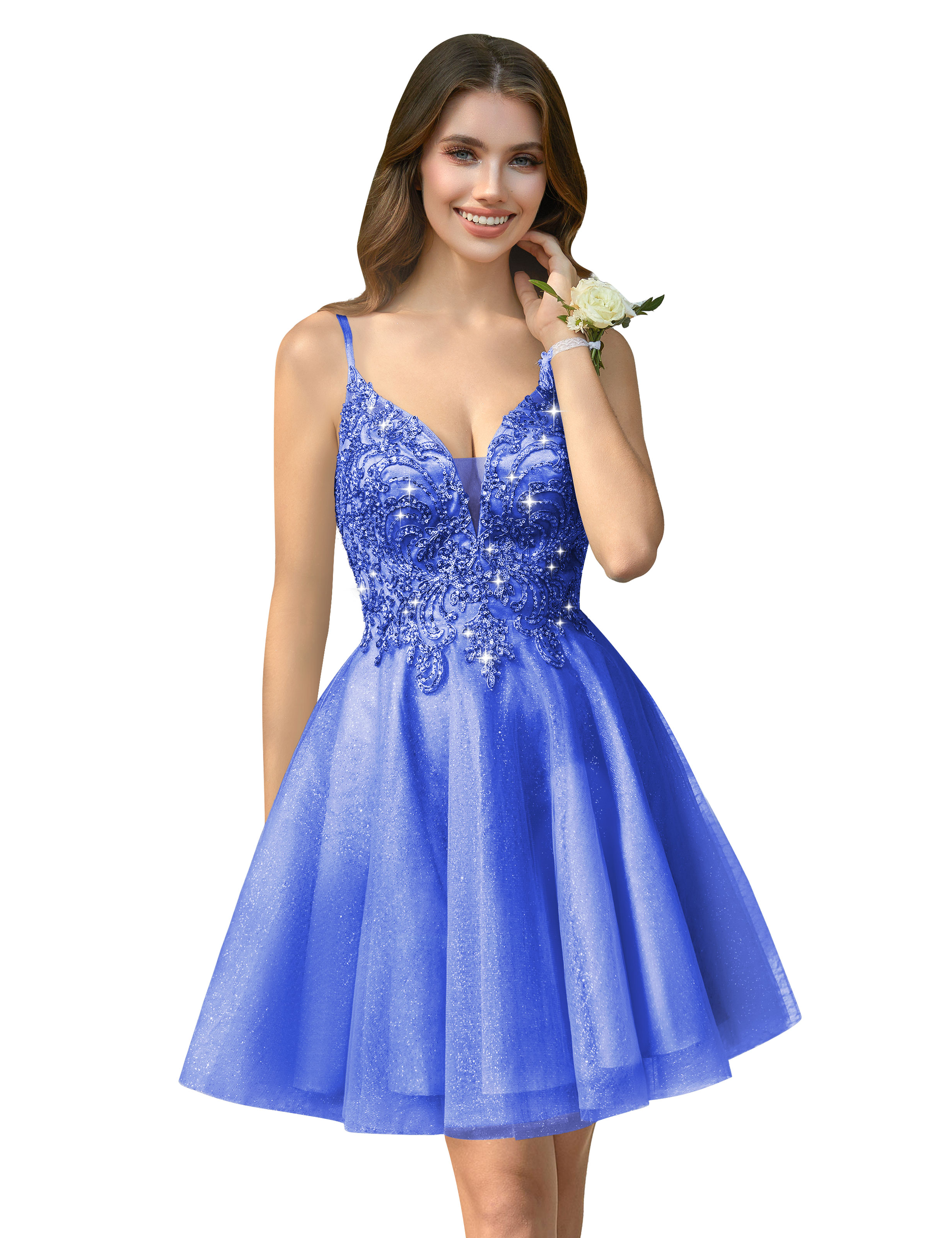 A-line V-neck Spaghetti Strap Sparkly Beaded Tulle Homecoming Dress #HC2401940