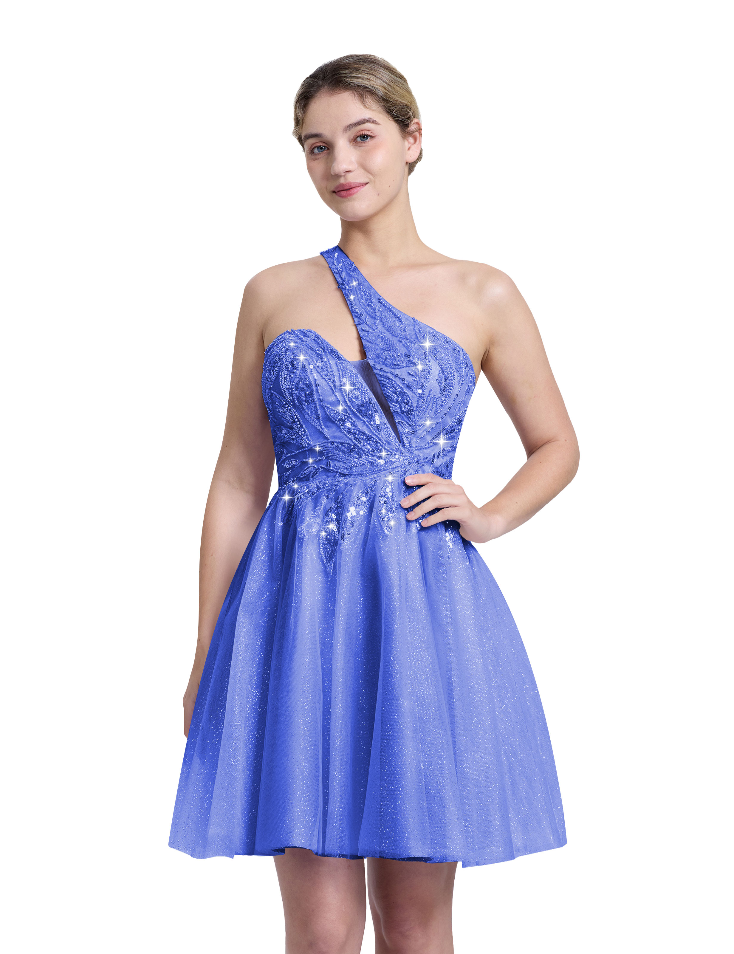 A-line One Shoulder Sequin Lace Beaded Cocktail Party Homecoming Dress #HC2604029