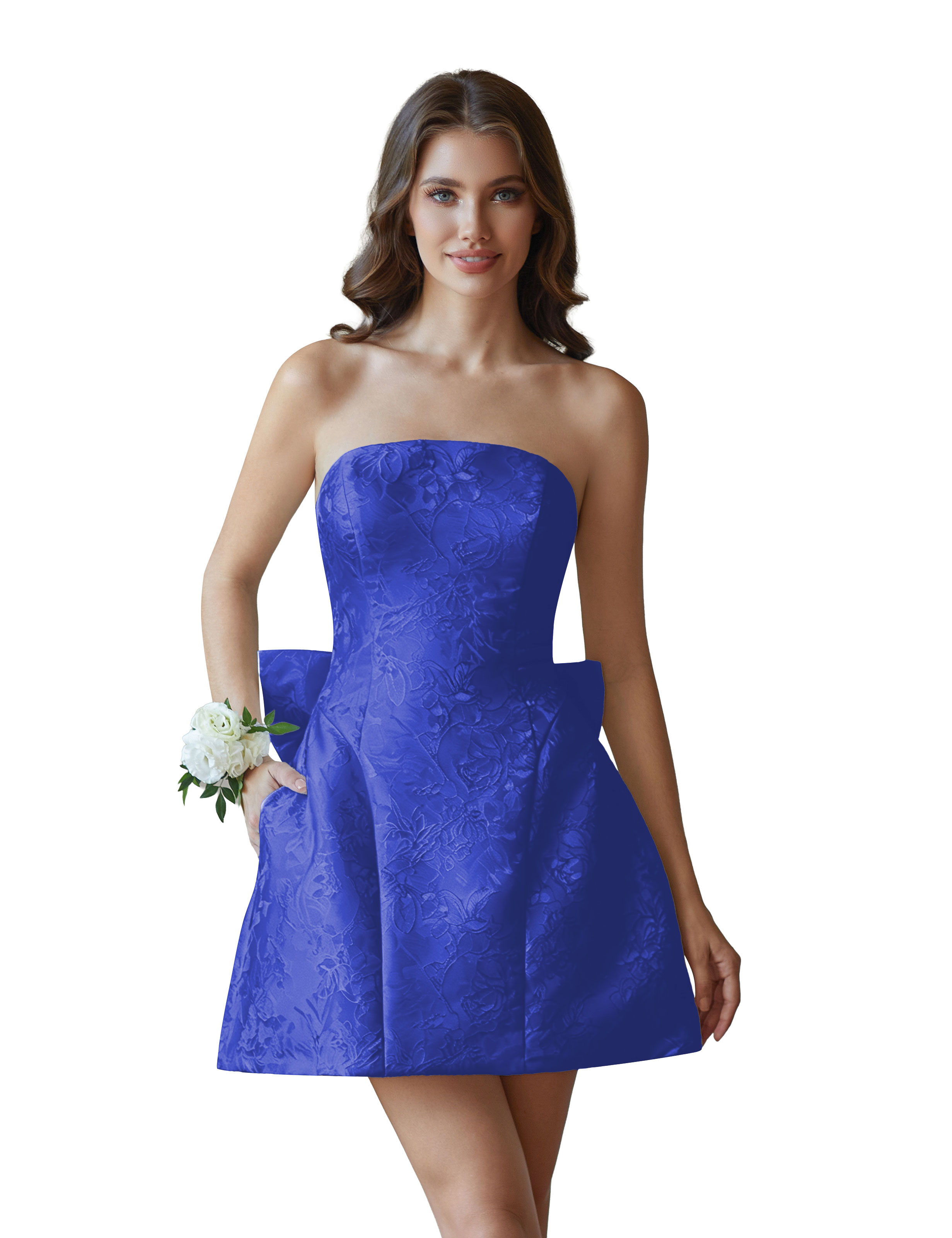 Jacquard Satin Mini Short Party Cocktail Prom Homecoming Dress with Bow Back #HC2401770