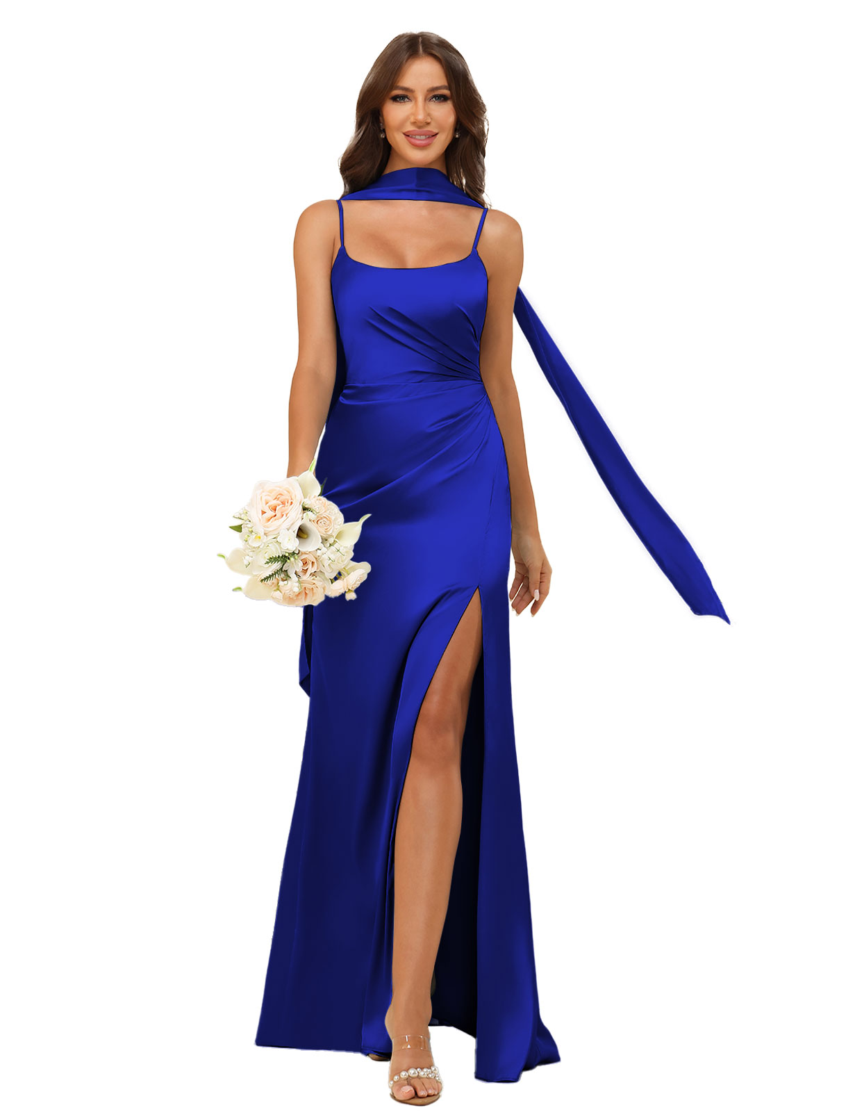 Mermaid U-neck Spaghetti Straps Satin Silt Bridesmaid Dress #BM2507145