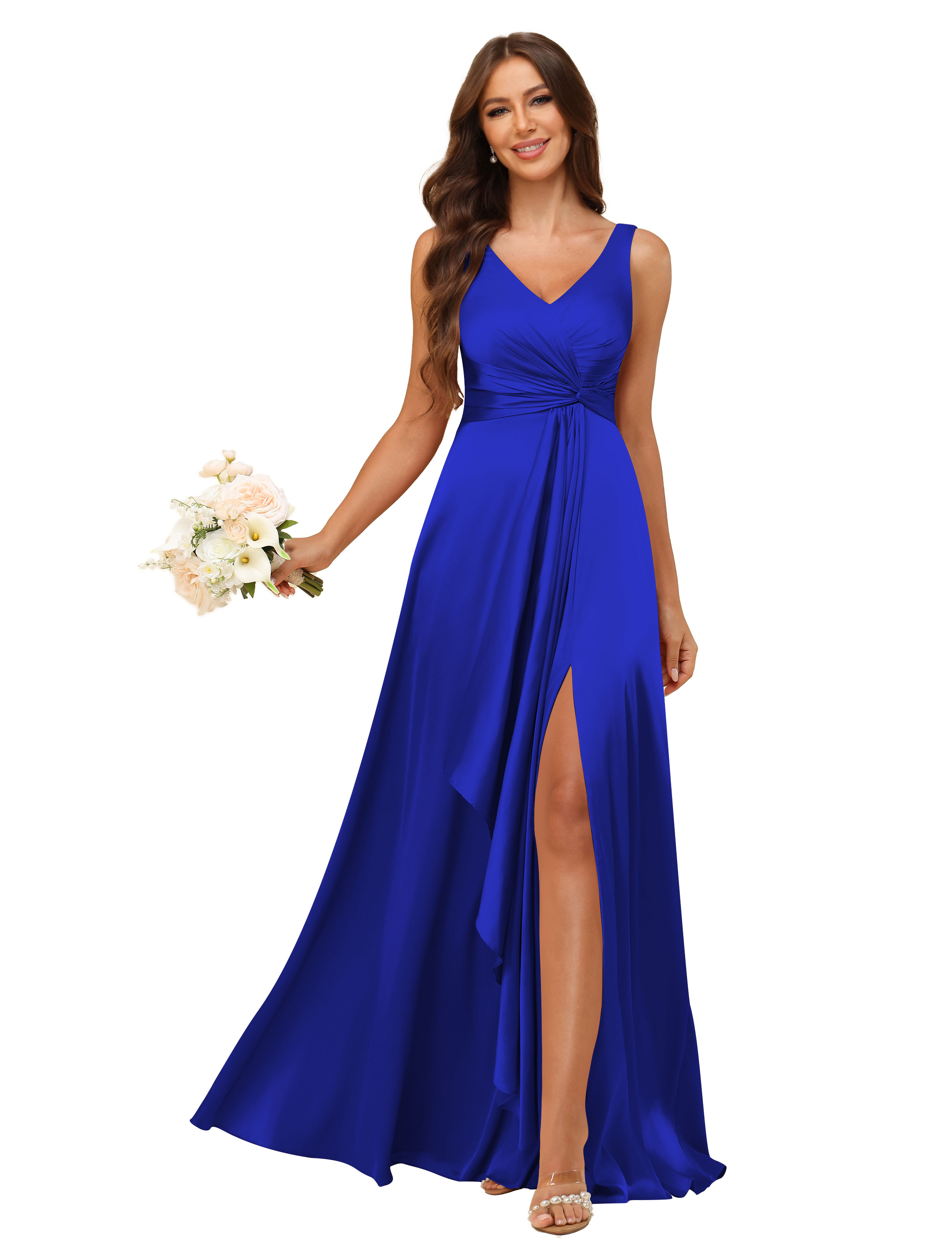 A-line V-neck Straps Satin Silt Lace Up Bridesmaid Dress #BM2507147