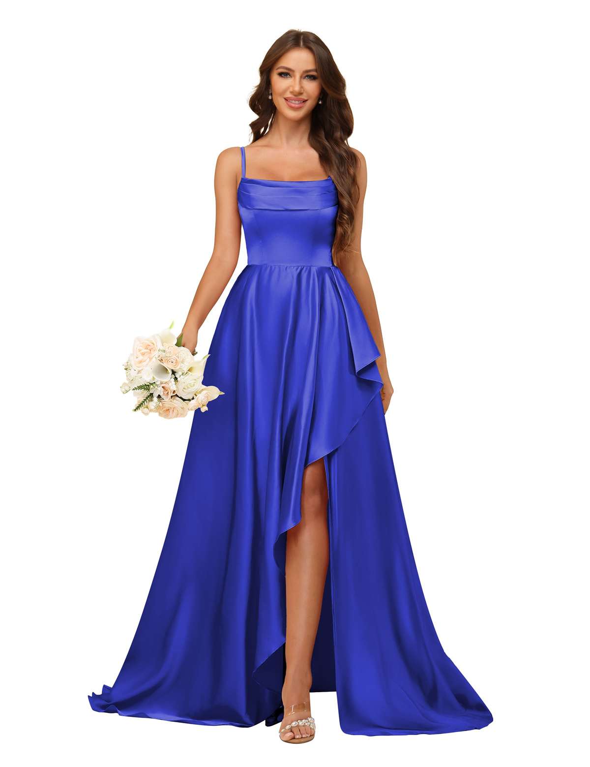 A-line U-neck Spaghetti Straps Satin Silt Bridesmaid Dress #BM2507213