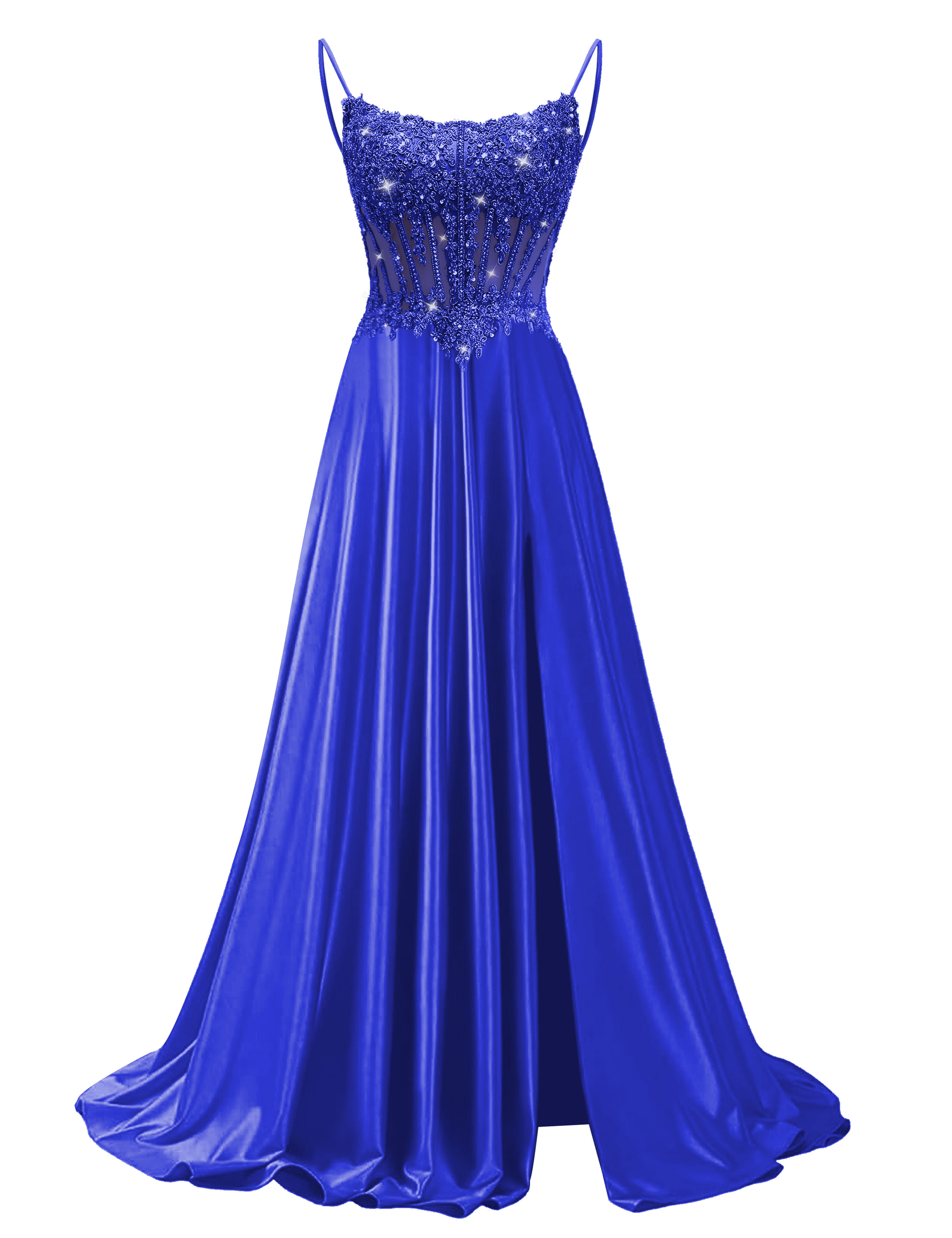 Mermaid Spaghetti Straps Satin Beaded Sequin Pleated Slit Prom Dress #PR2510011