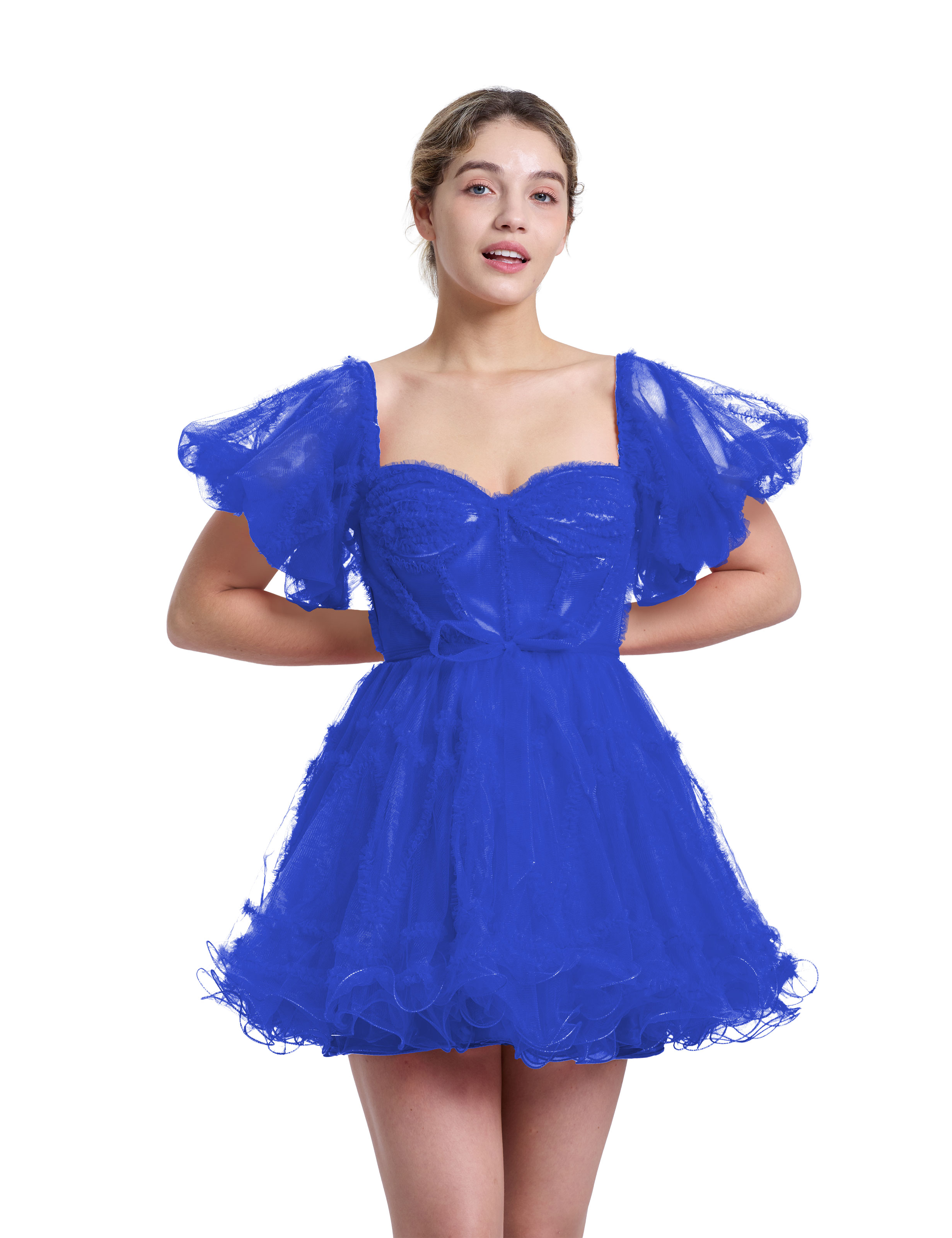 A-line Sweetheart Ruffles Tulle Puffy Sleeves Red Homecoming Dress #HC2401317
