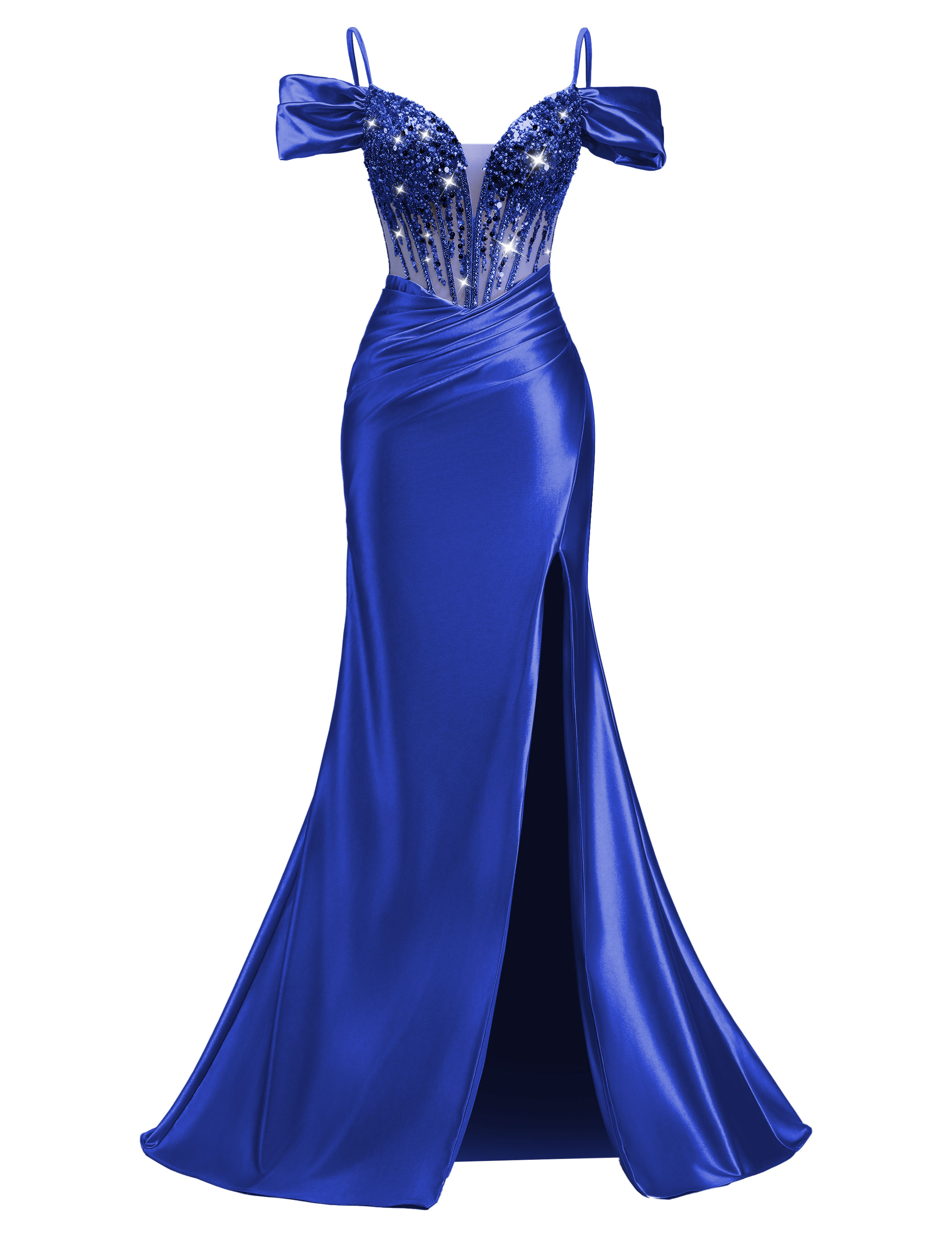 Mermaid V-neck Off Shoulder Beaded Sequin Satin Slit Prom Dress #PR2510014