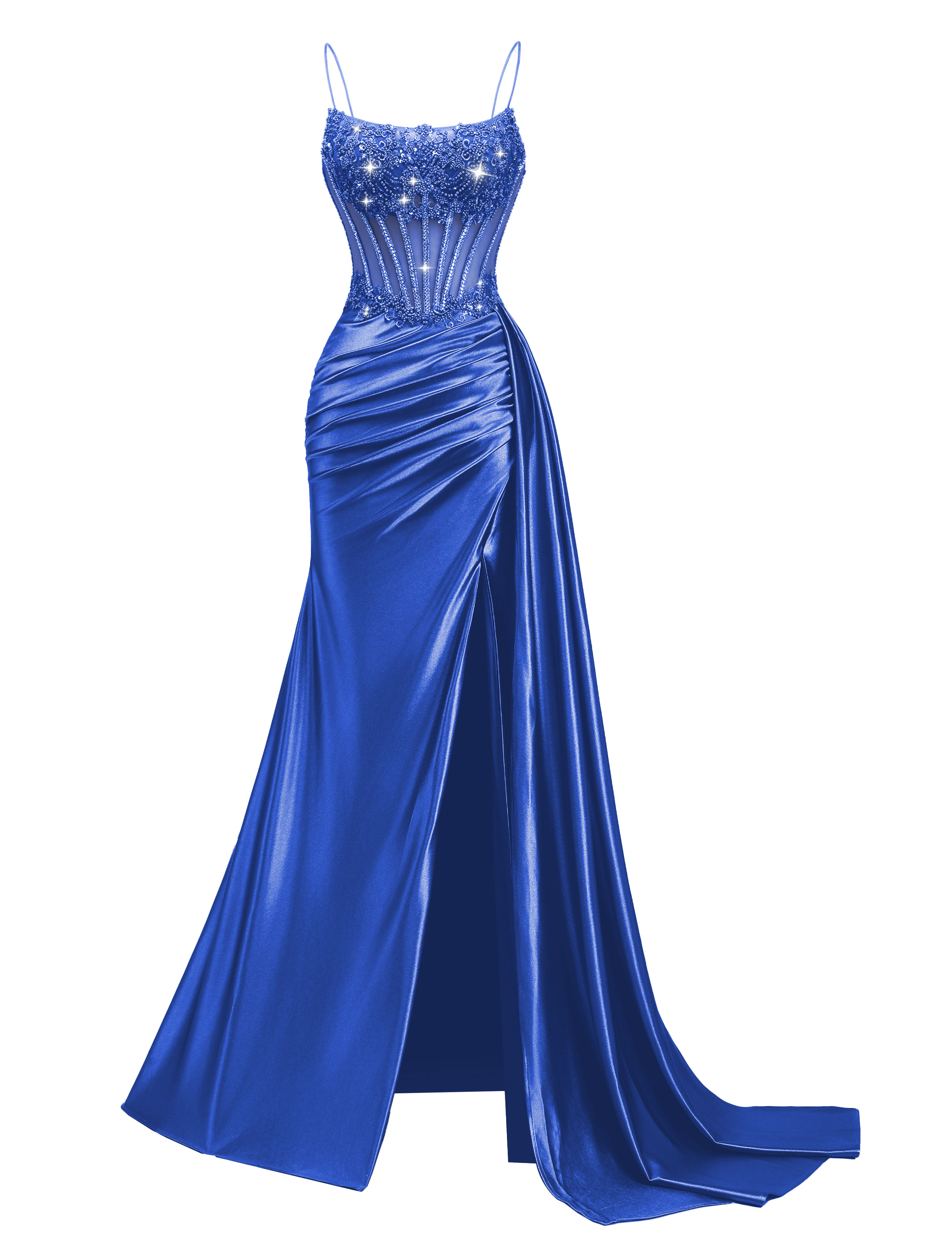 Mermaid Spaghetti Straps Pleated Satin Beaded Slit Prom Dress #PR2510011