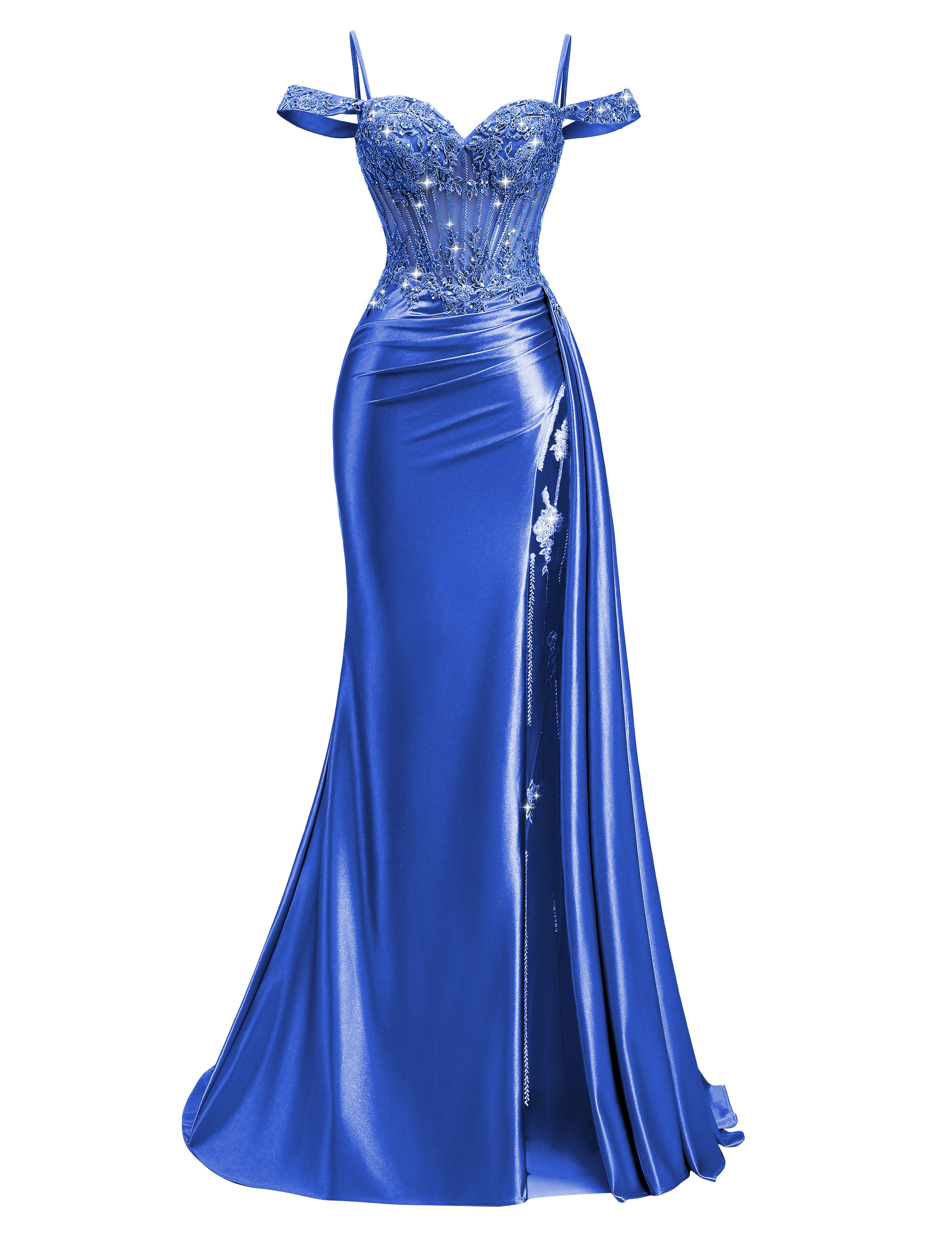 Mermaid Off Shoulder Beaded Sequin Appliques Satin Slit Prom Dress #PR2510009