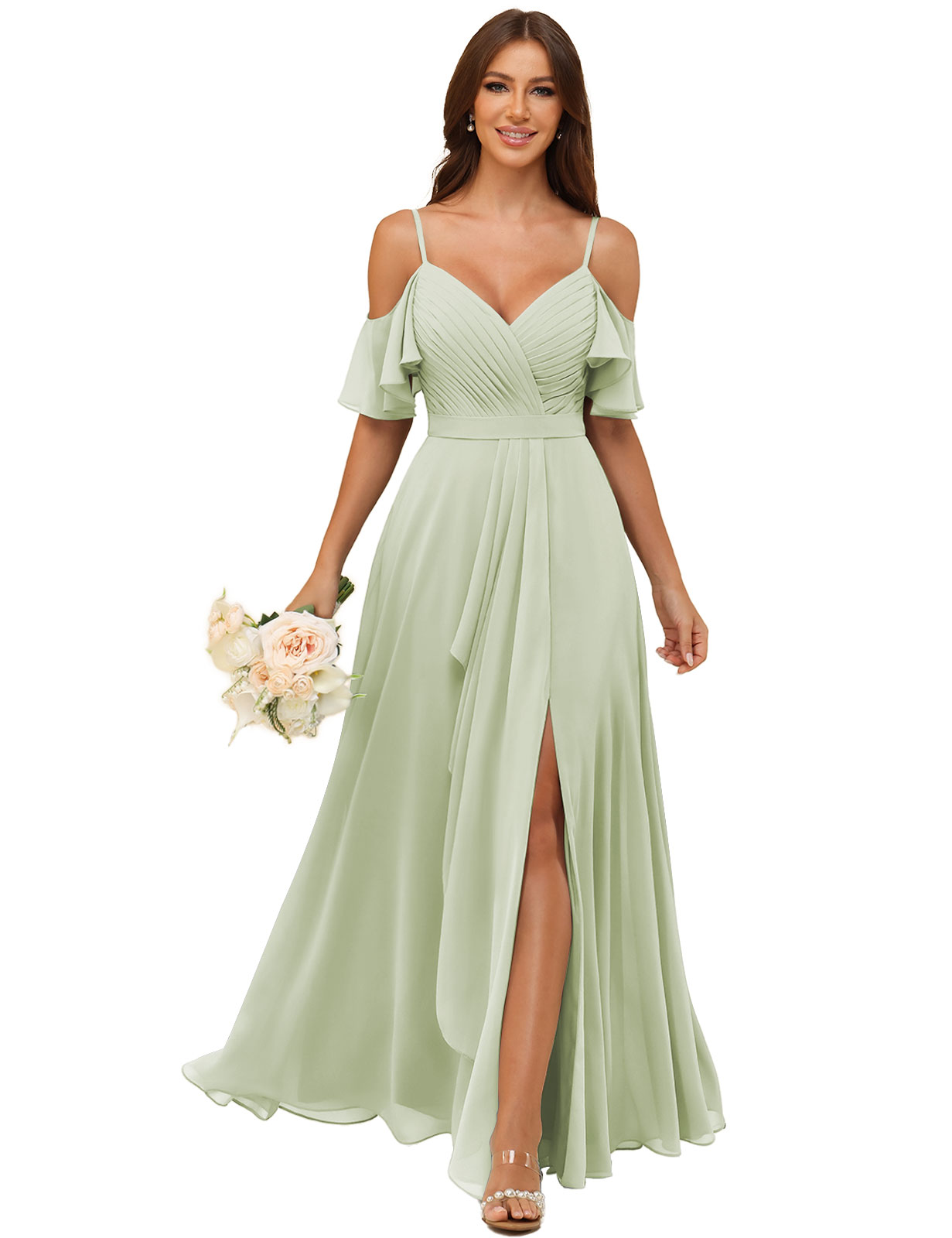 A-line V-neck Spaghetti Straps Chiffon Silt Bridesmaid Dress #BM2507214