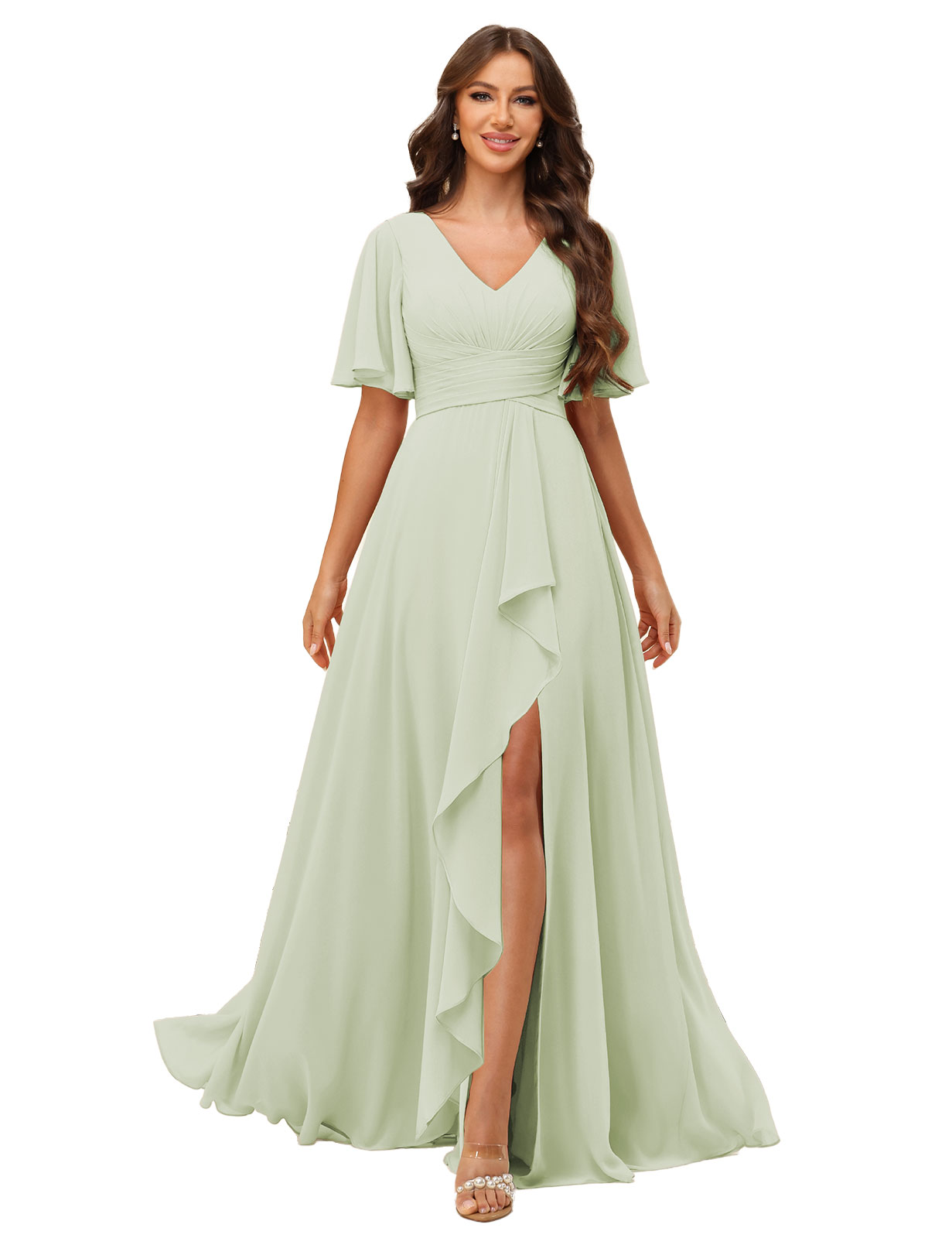 A-line V-neck Short Sleeves Chiffon Silt Bridesmaid Dress #BM2507137