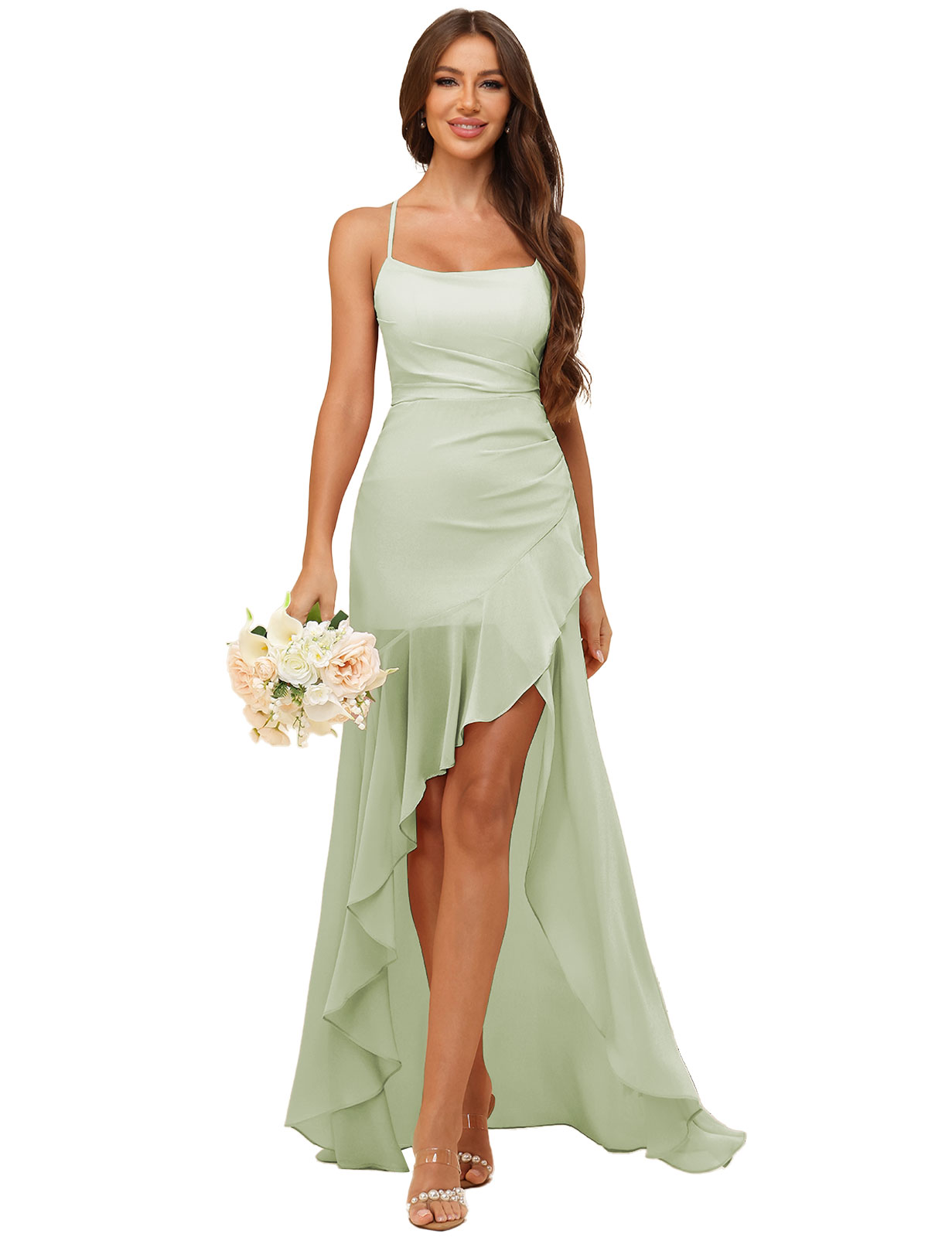 A-line Strapless Chiffon High Low Ruffles Bridesmaid Dress #BM2507148