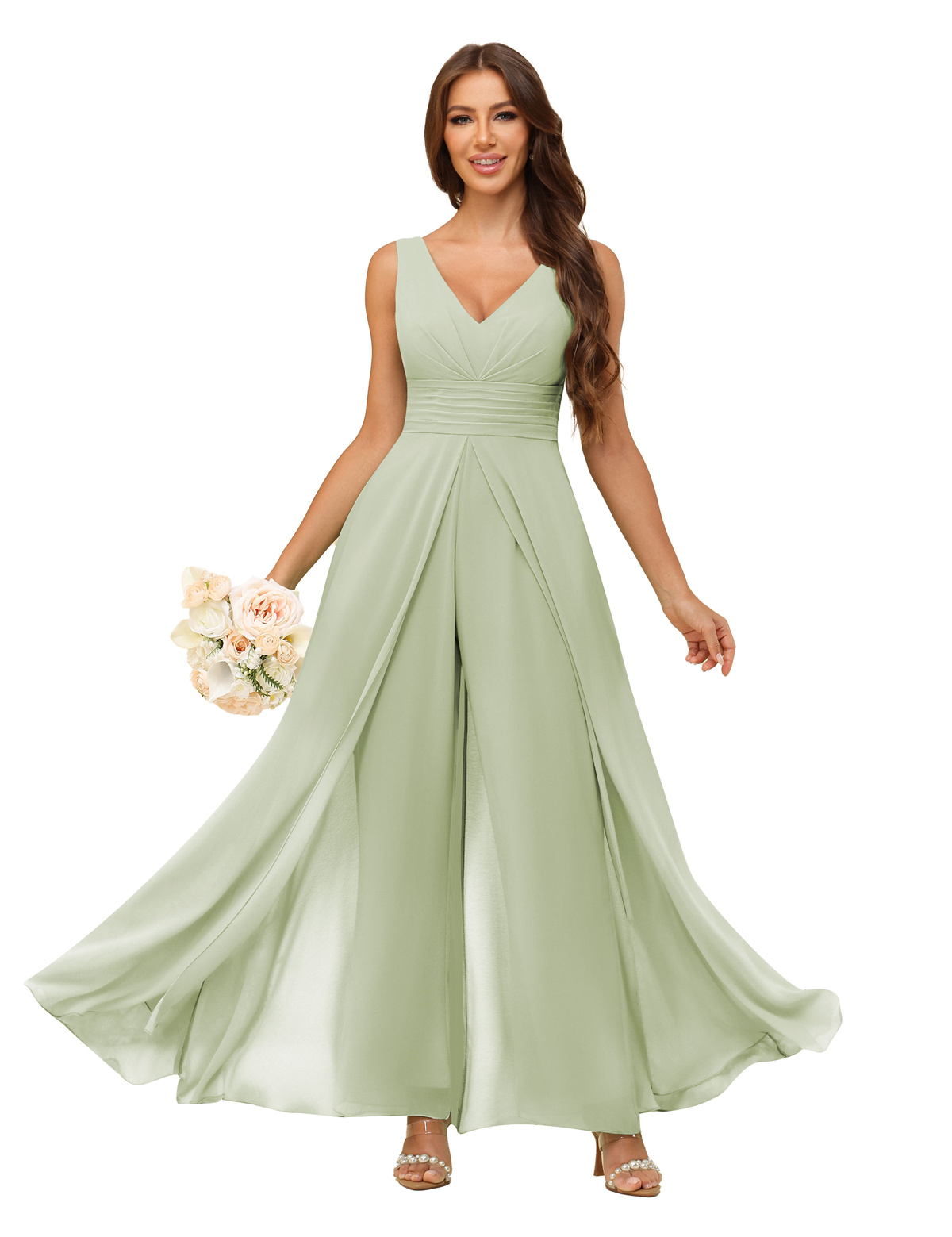 A-line V-neck Chiffon Straps V-back Bridesmaid Dress #PR2507216