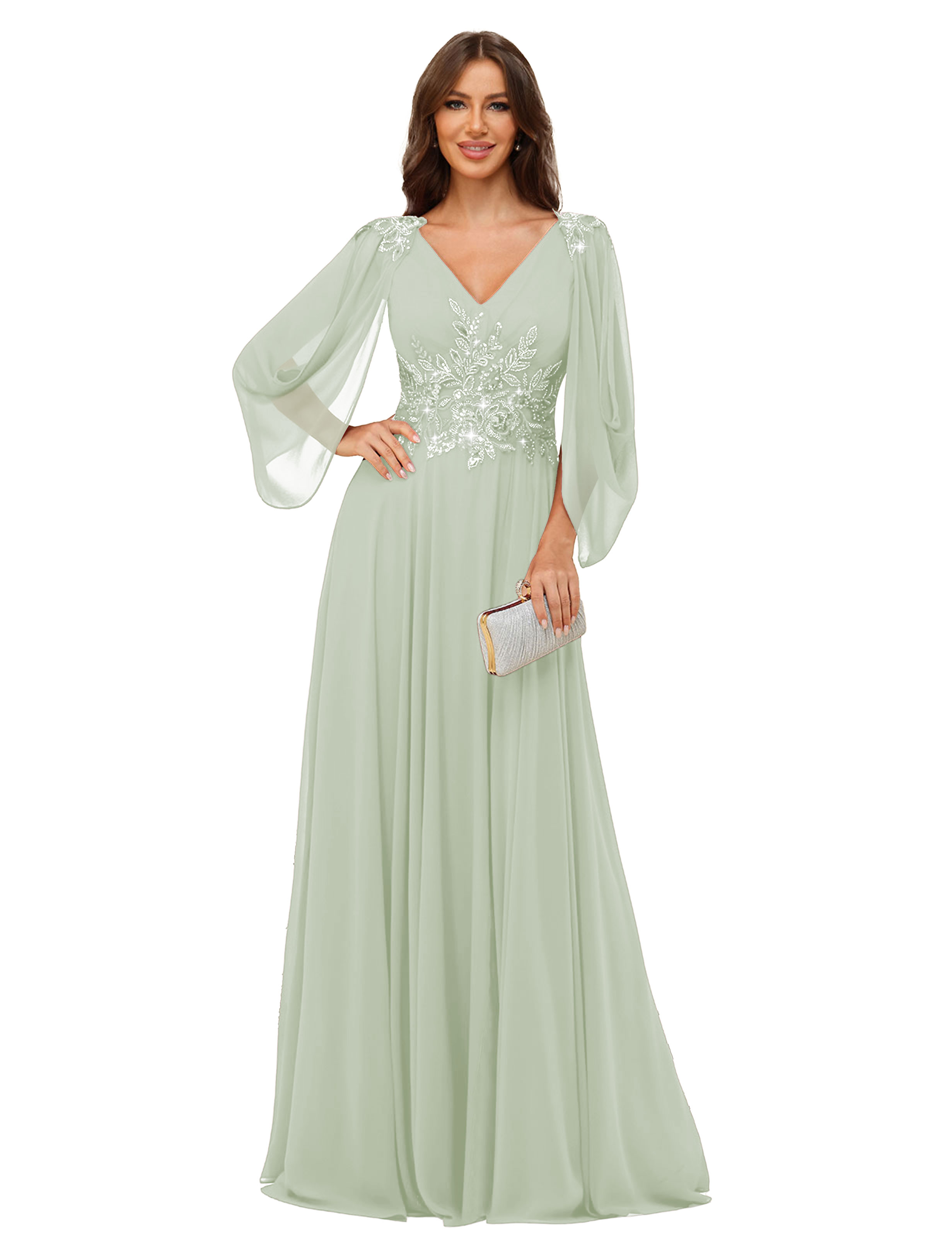 A-line V-neck Chiffon V-back Long Sleeves Mother of The Bride Dress #BM2501034