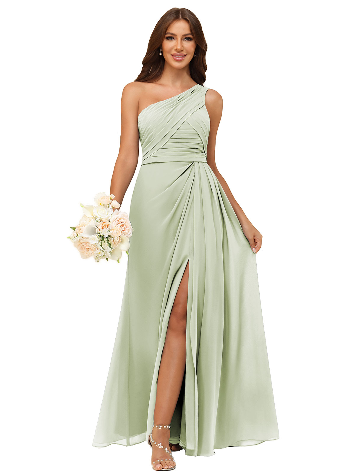 A-line One Shoulder Chiffon Silt Back Zip Bridesmaid Dress #BM2504122