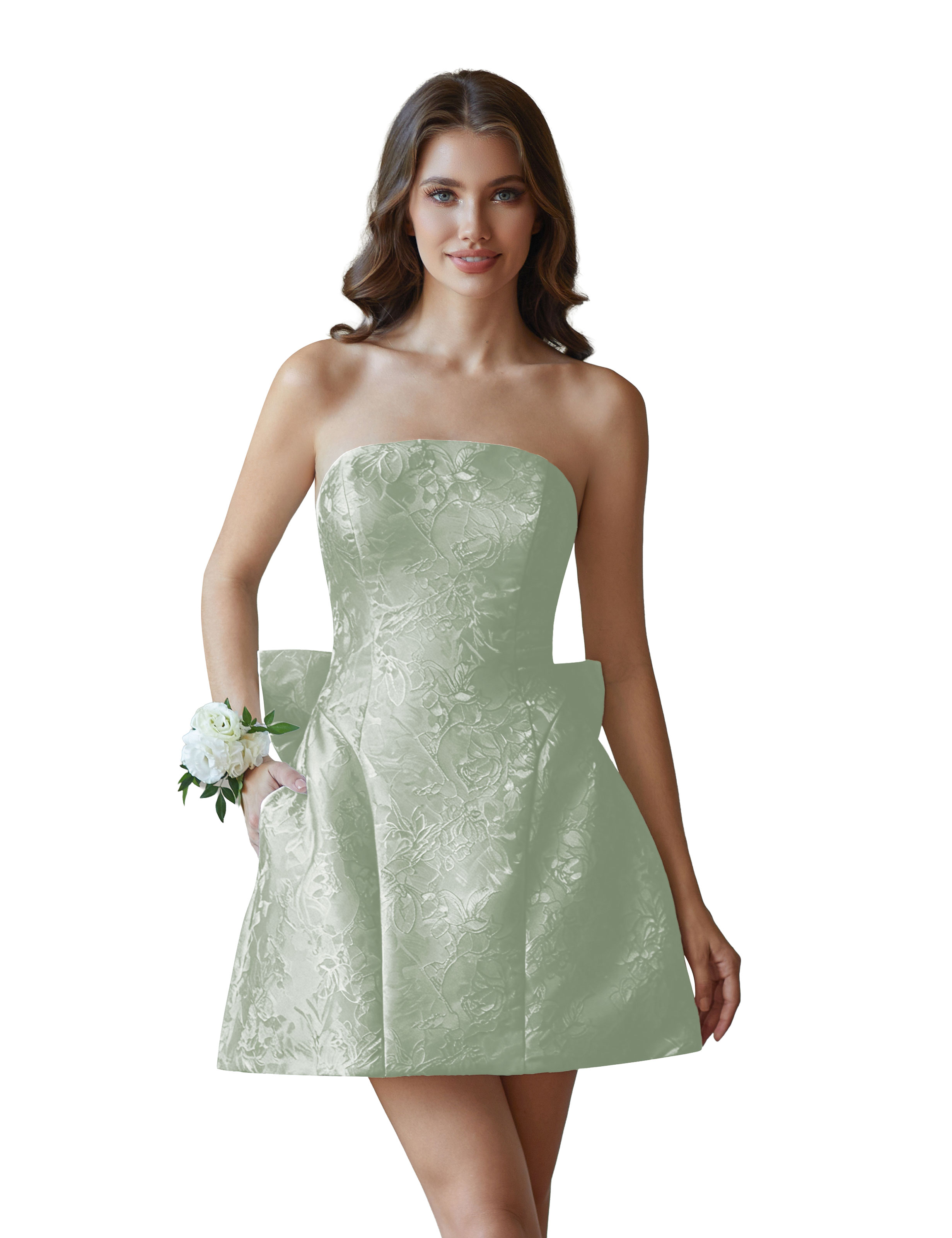 Jacquard Satin Mini Short Party Cocktail Prom Homecoming Dress with Bow Back #HC2401770