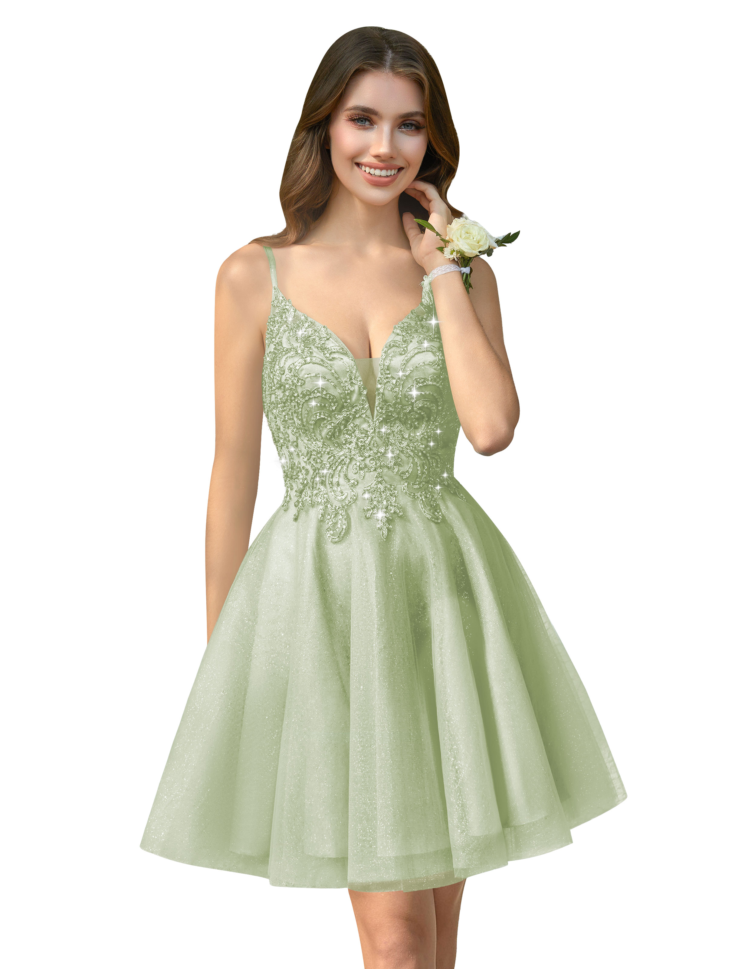 A-line V-neck Spaghetti Strap Sparkly Beaded Tulle Homecoming Dress #HC2401940