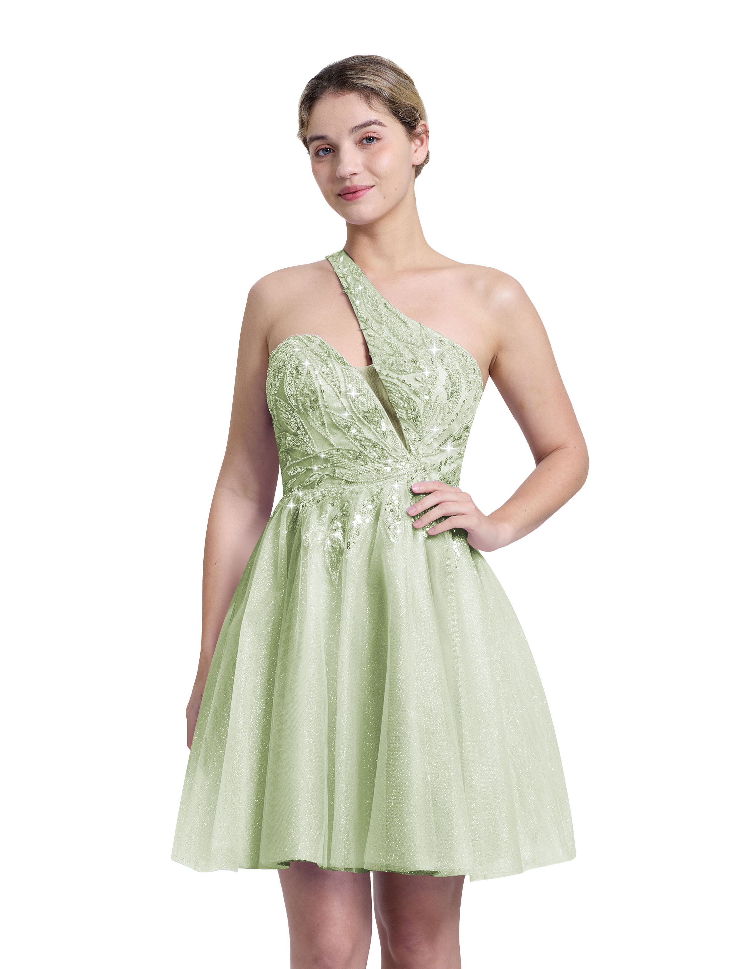 A-line One Shoulder Sequin Lace Beaded Cocktail Party Homecoming Dress #HC2604029