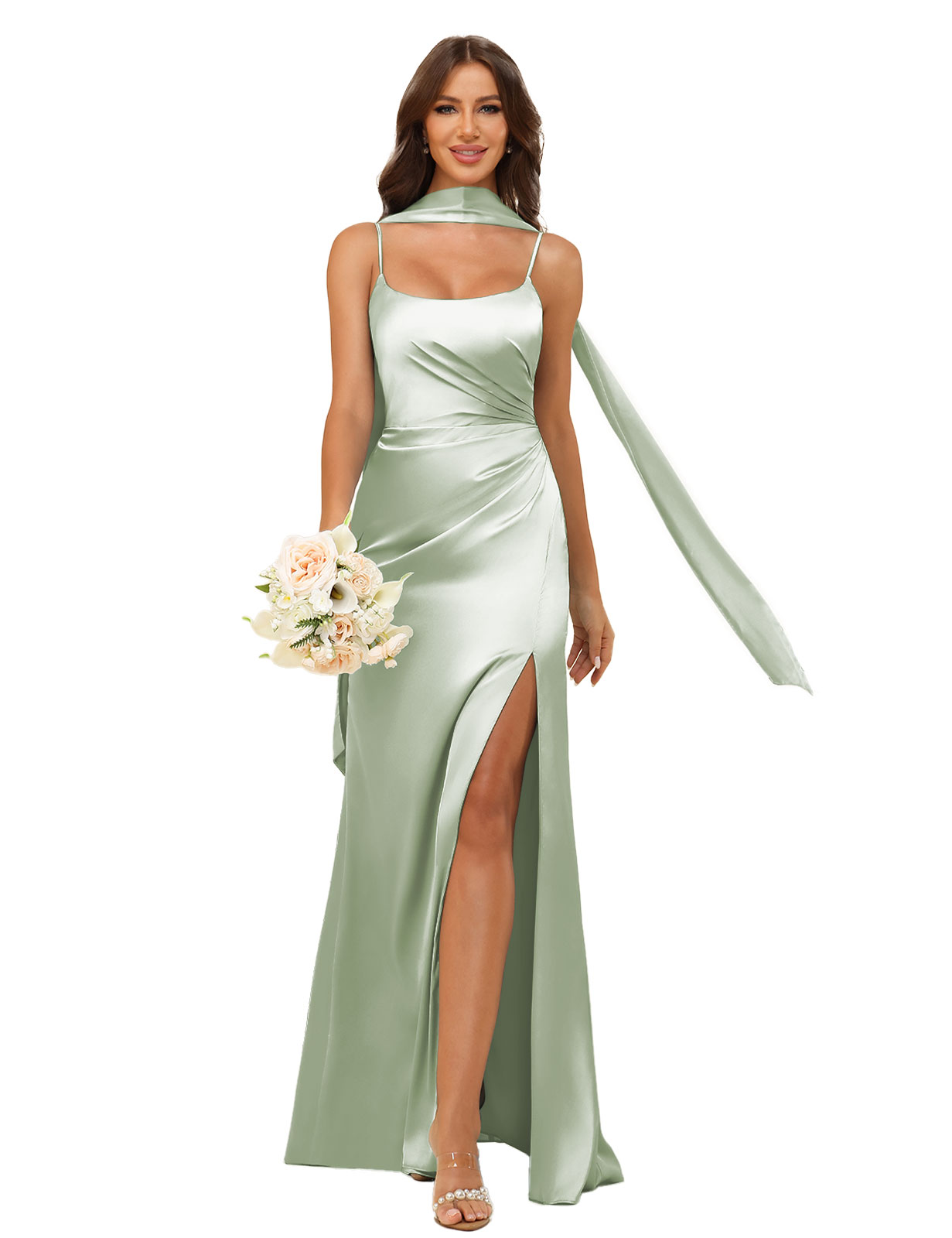 Mermaid U-neck Spaghetti Straps Satin Silt Bridesmaid Dress #BM2507145