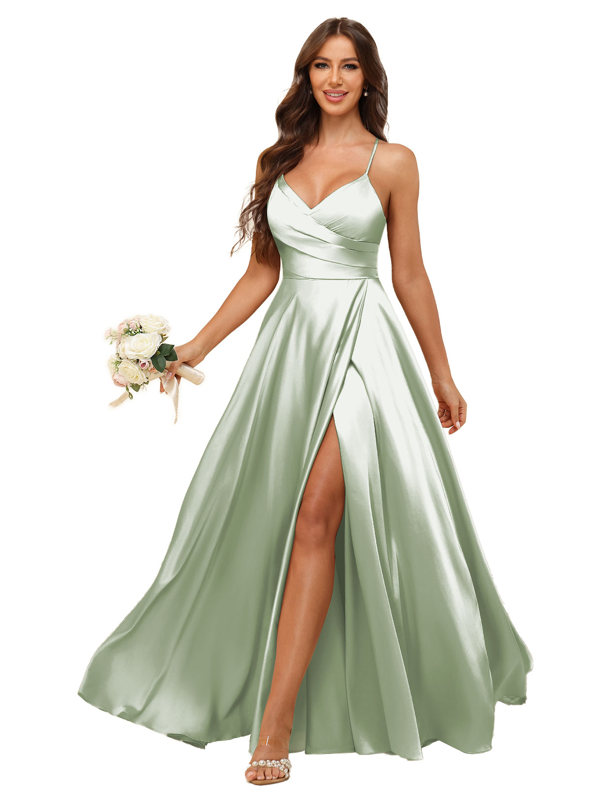 A-line V-neck Spaghetti Straps Satin Silt Bridesmaid Dress #BM2507218