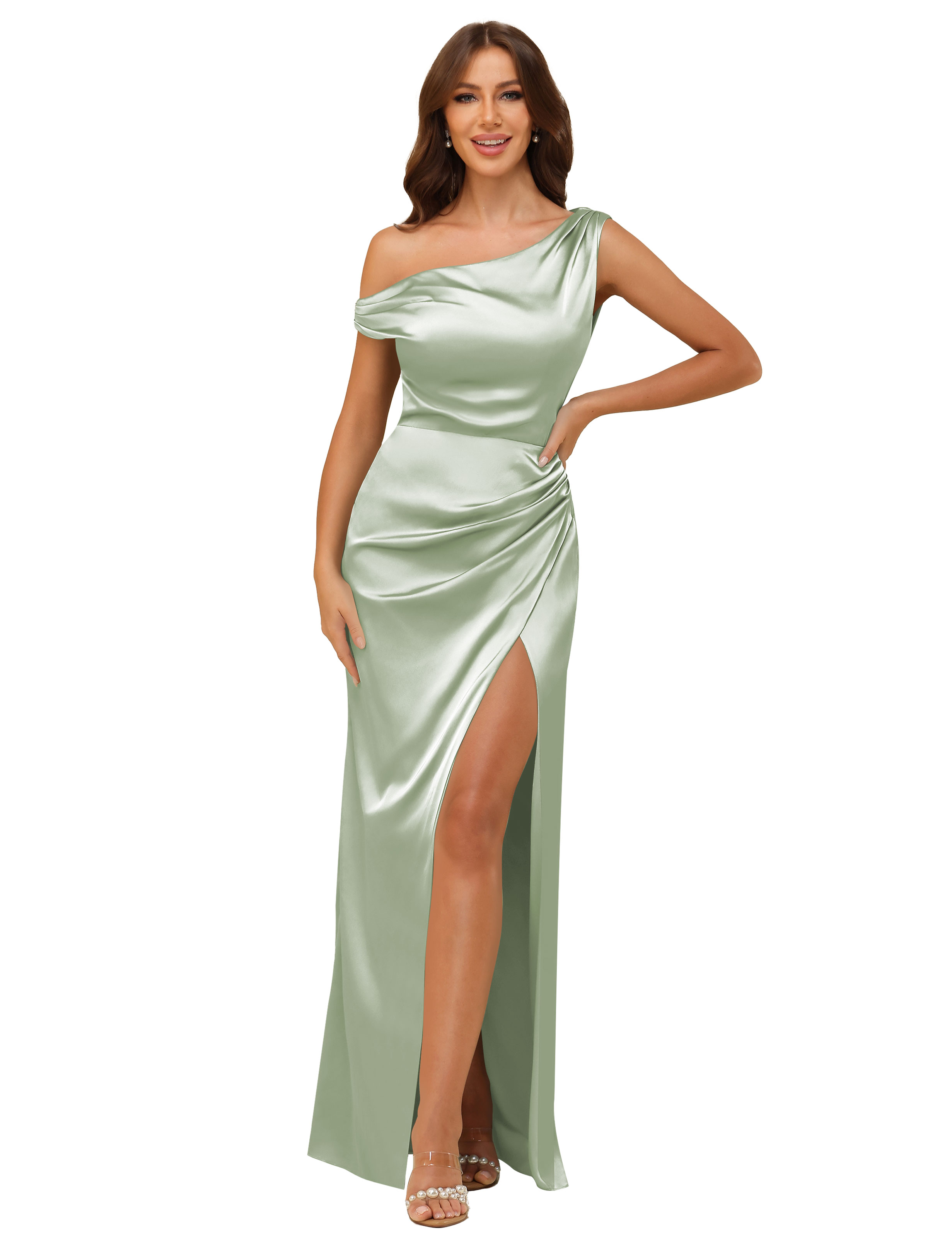 Sheath One Shoulder Satin Silt Side Zip Bridesmaid Dress #BM2507059