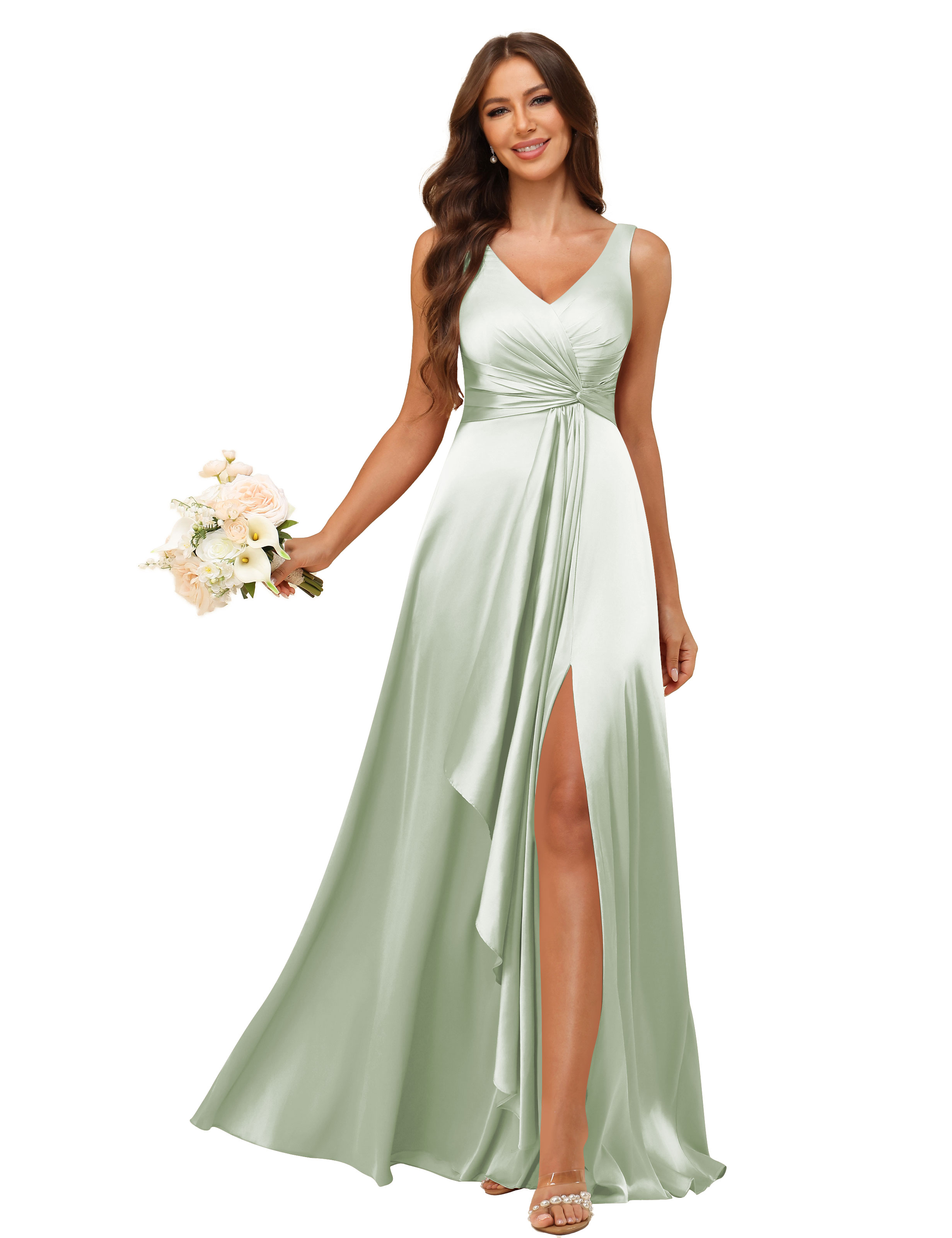 A-line V-neck Straps Satin Silt Lace Up Bridesmaid Dress #BM2507147