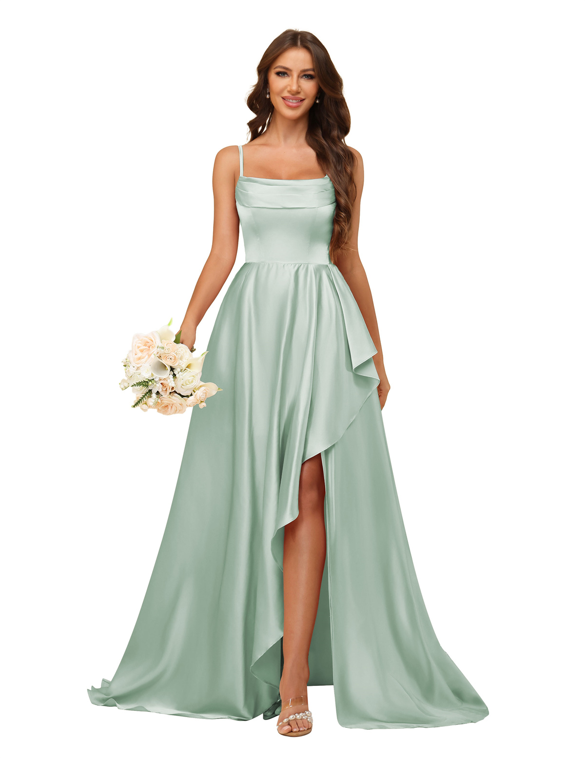 A-line U-neck Spaghetti Straps Satin Silt Bridesmaid Dress #BM2507213